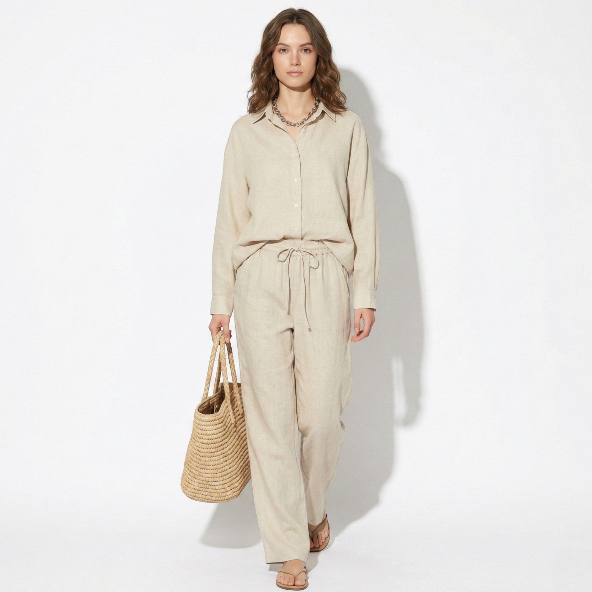 Alexandra - Women's Wide Leg Trouser and Blouse Set - Set - Beige - Jones & Smith