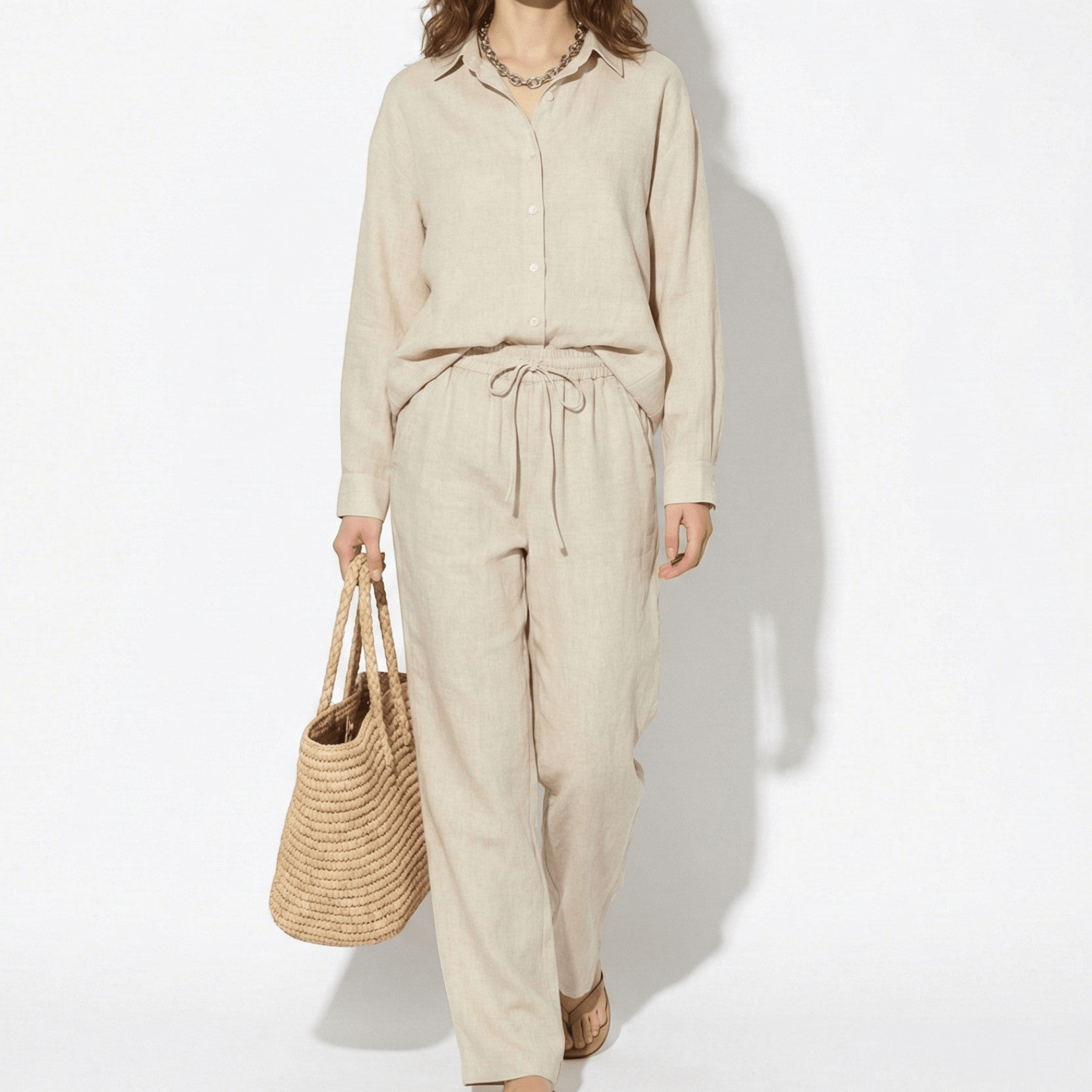 Alexandra - Women's Wide Leg Trouser and Blouse Set - Set - Beige - Jones & Smith