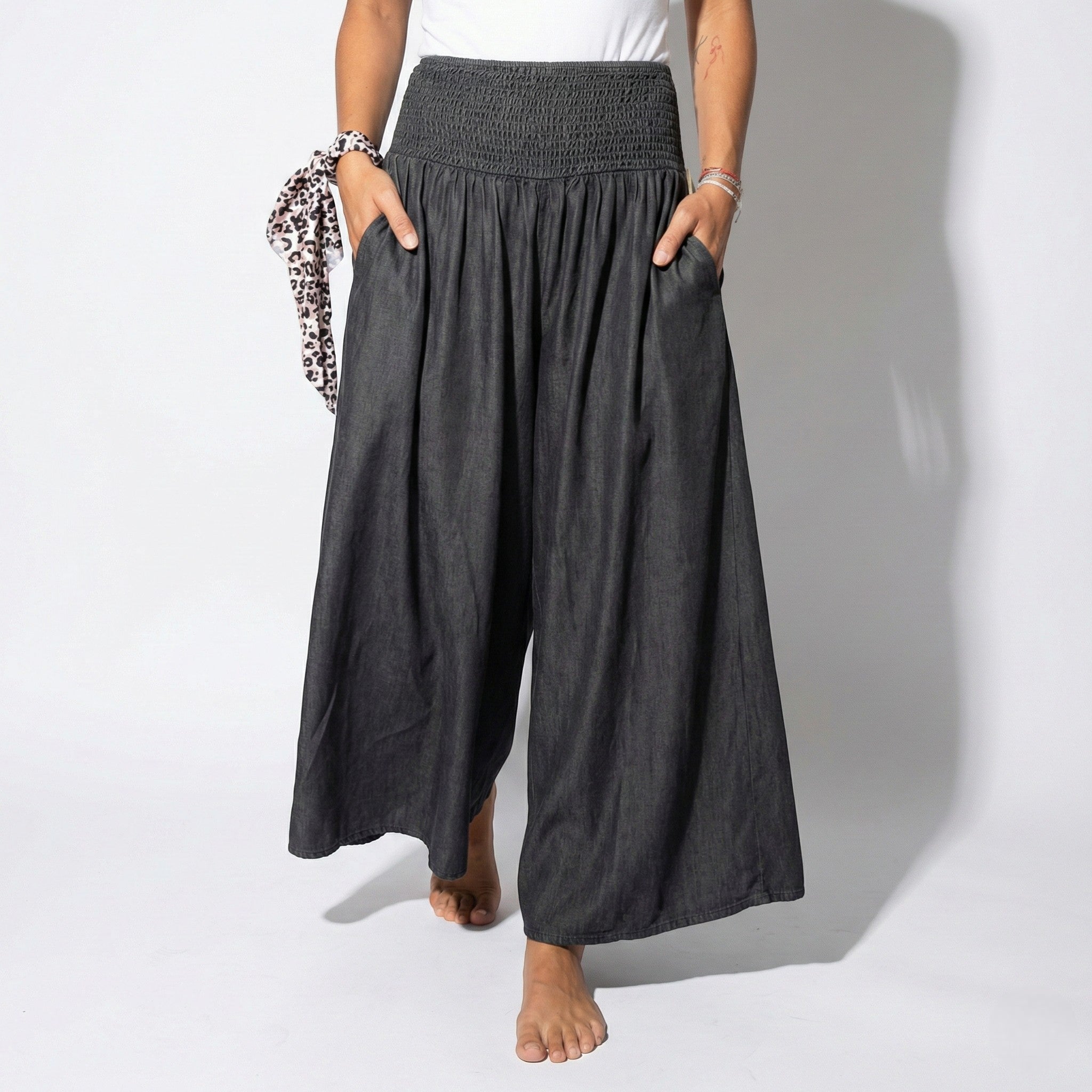 Alice - Women's High - Waisted Wide - Leg Trousers with Elastic Band - Trouser - Dark Grey - Jones & Smith