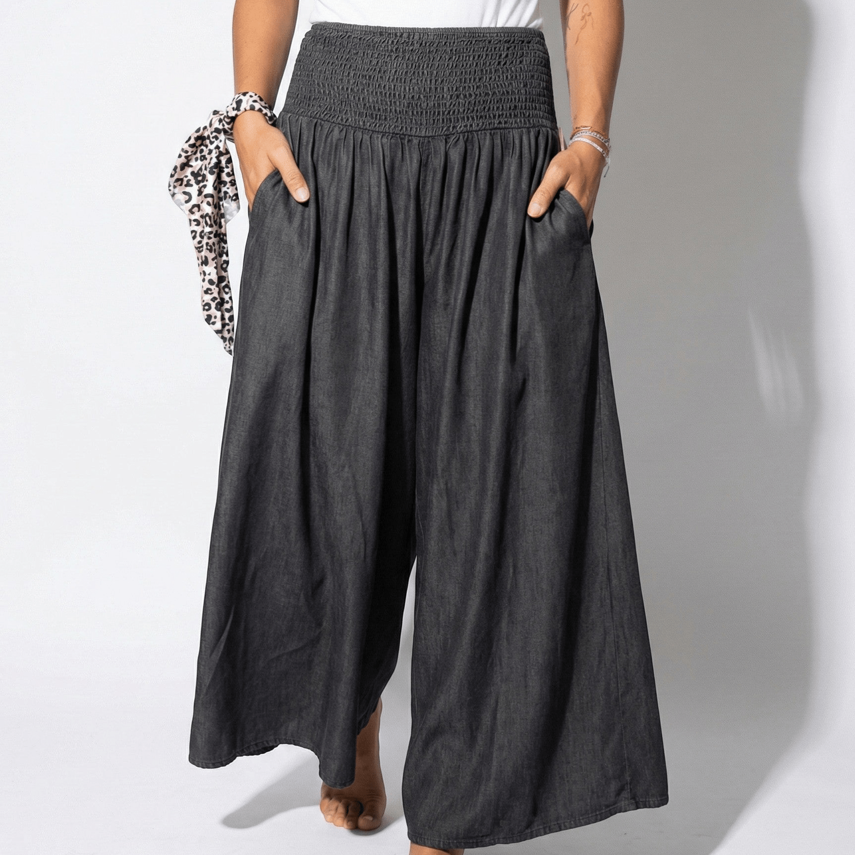 Alice - Women's High - Waisted Wide - Leg Trousers with Elastic Band - Trouser - Dark Grey - Jones & Smith
