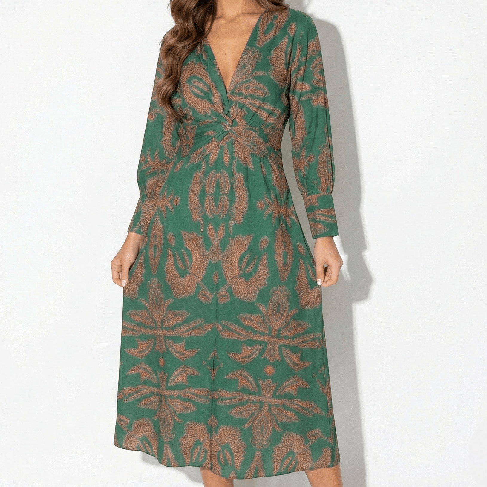 Alice - Women's Long Sleeve V - Neck Boho Maxi Dress - Dress - Green - Jones & Smith