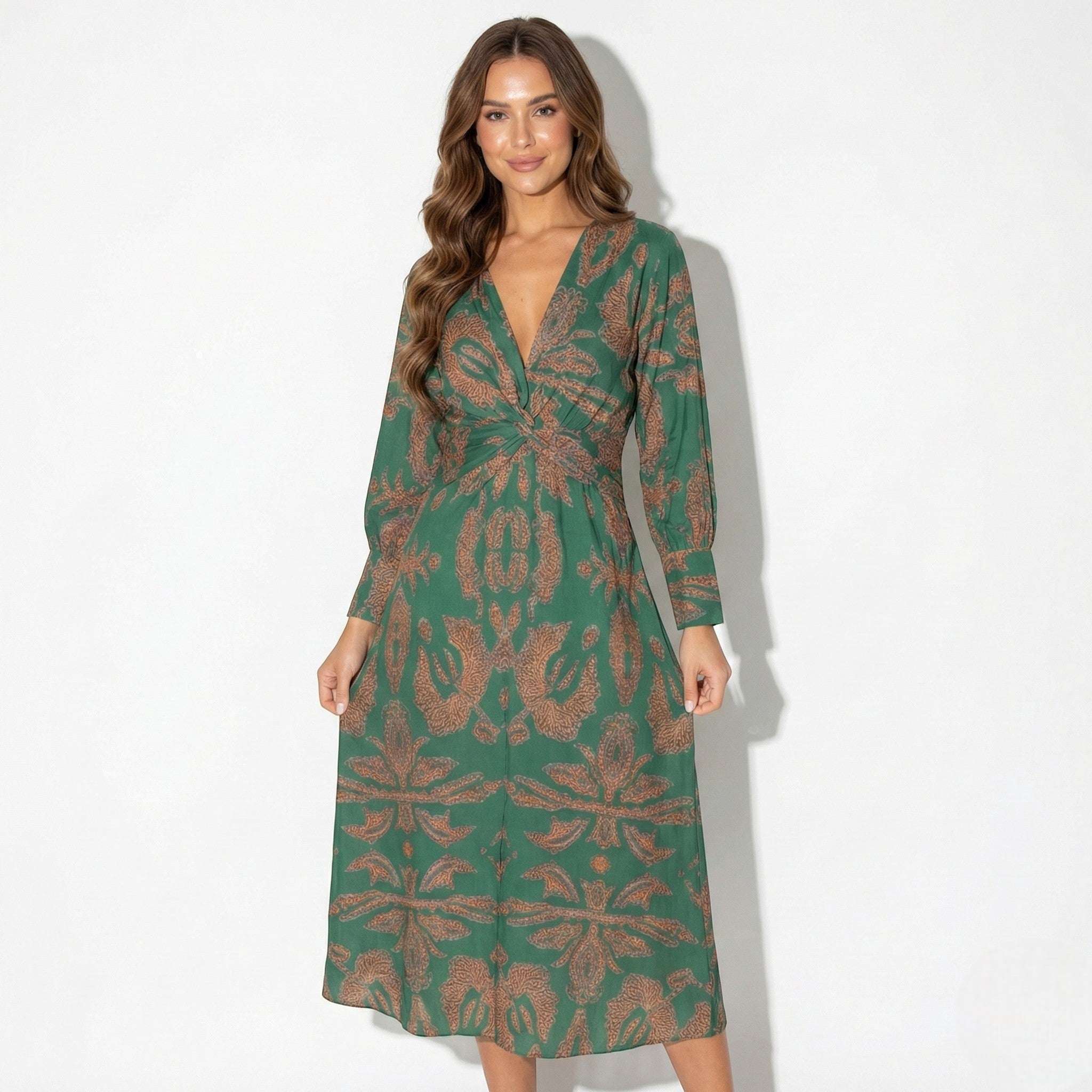 Alice - Women's Long Sleeve V - Neck Boho Maxi Dress - Dress - Green - Jones & Smith
