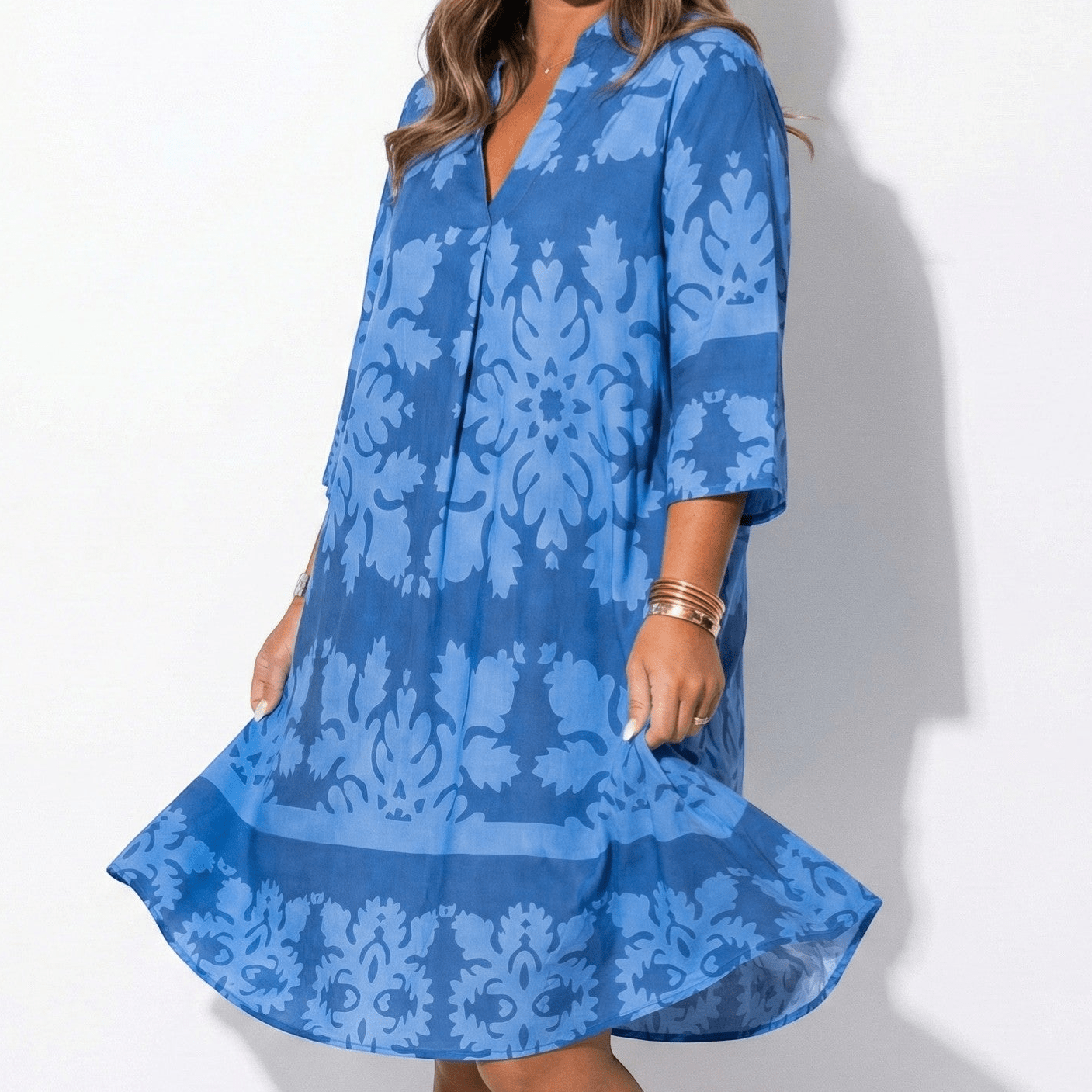 Alice - Women's Midi Tunic Dress with V - Neck and Long Sleeves - Dress - Navy Blue - Jones & Smith