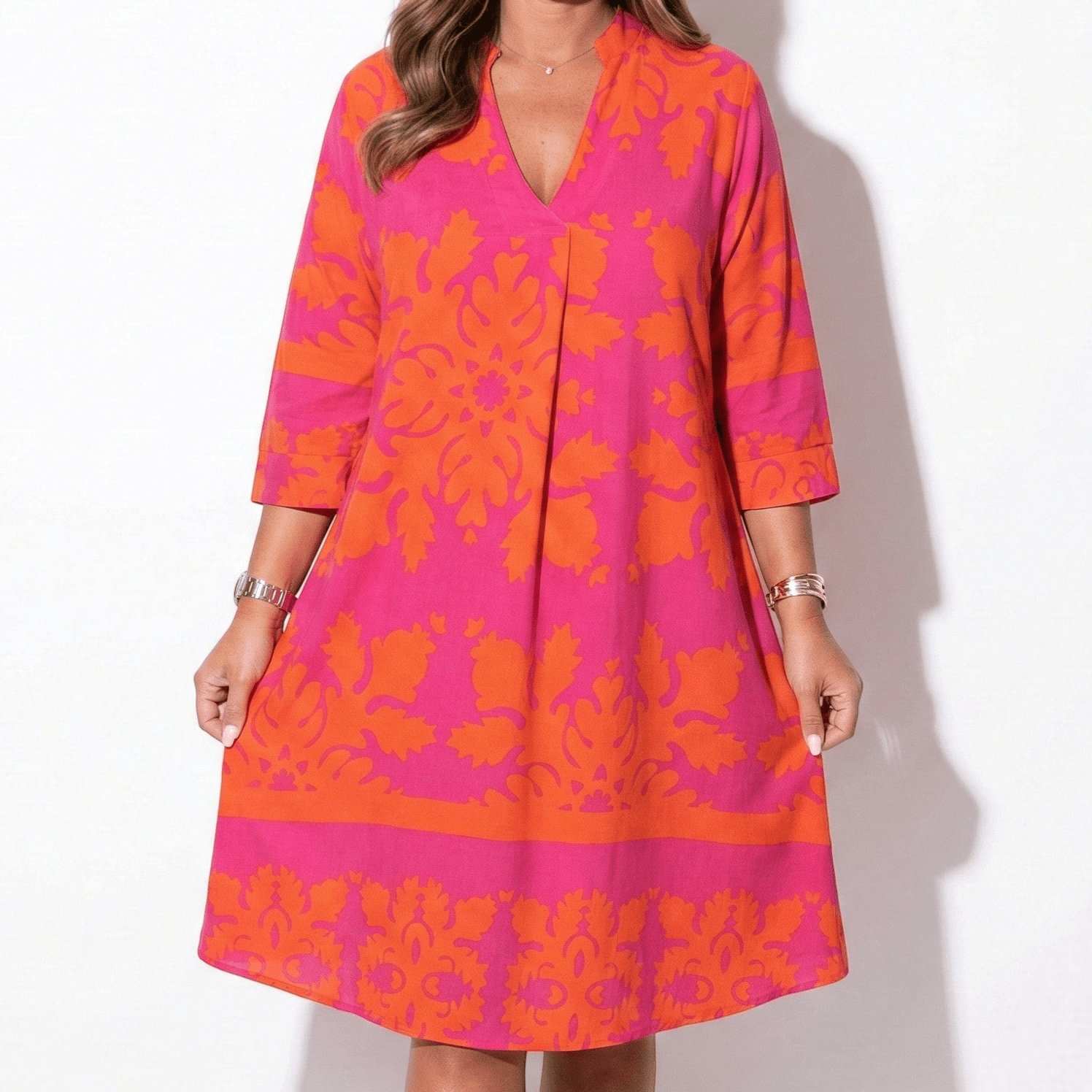 Alice - Women's Midi Tunic Dress with V - Neck and Long Sleeves - Dress - Orange - Jones & Smith