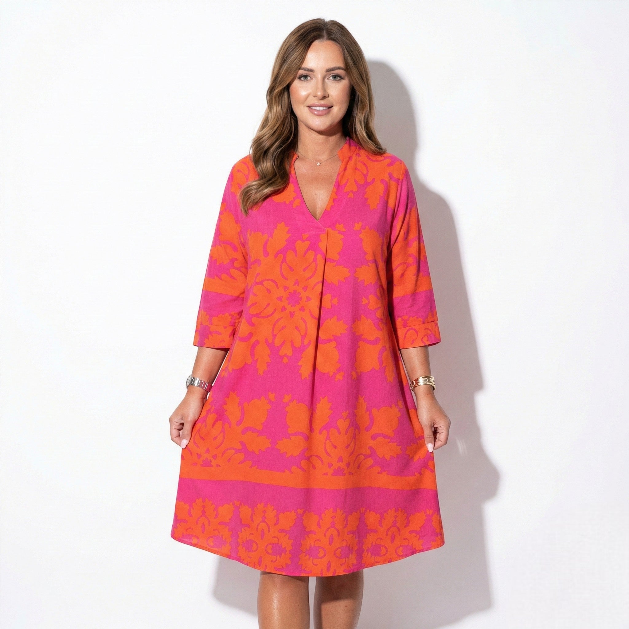 Alice - Women's Midi Tunic Dress with V - Neck and Long Sleeves - Dress - Orange - Jones & Smith