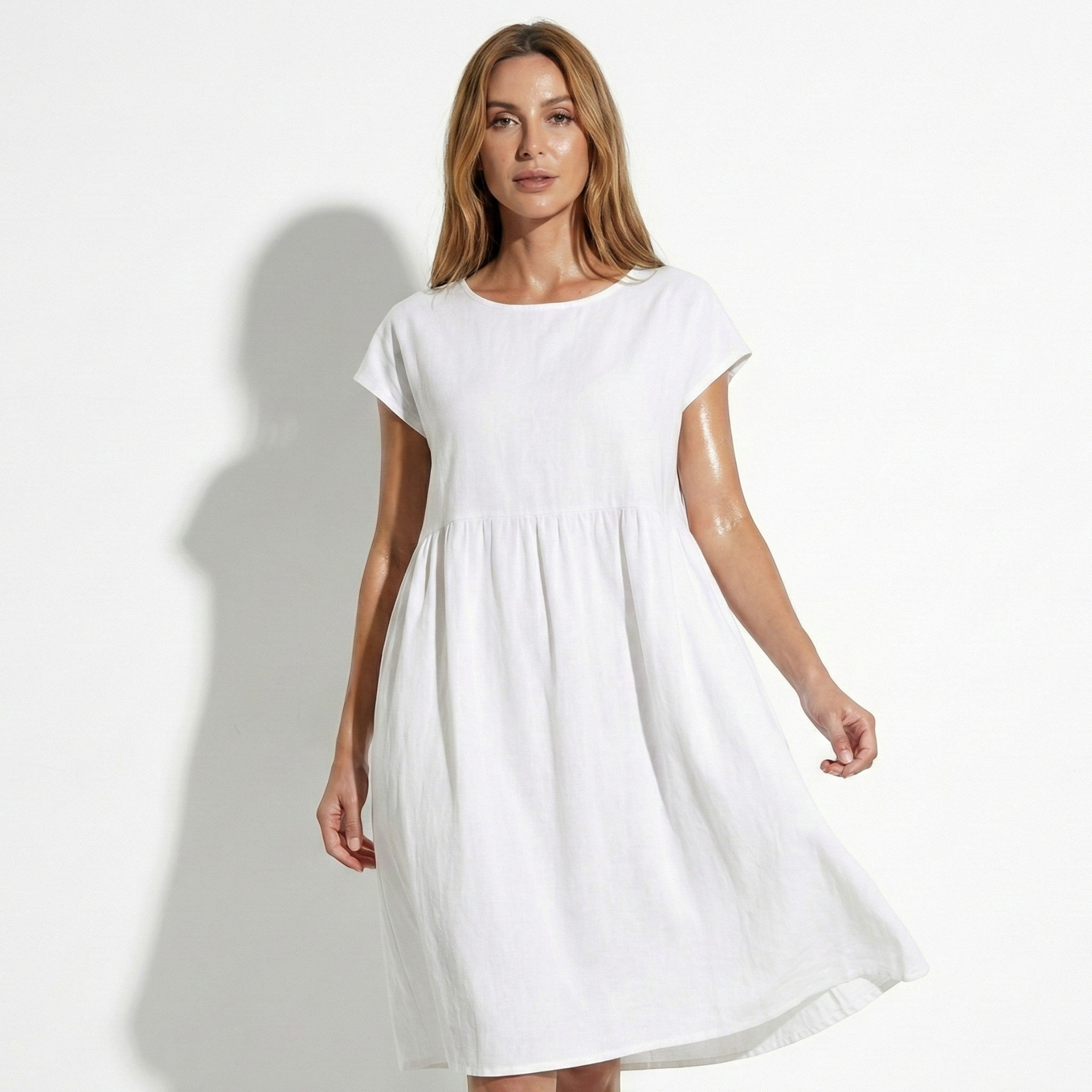 Alice - Women's Relaxed Fit Tunic Midi Dress - Women Dress - White - Jones & Smith