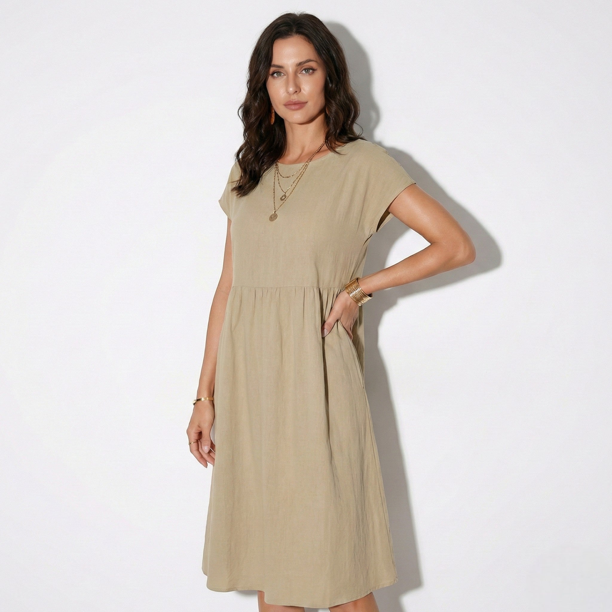 Alice - Women's Relaxed Fit Tunic Midi Dress - Women Dress - Khaki - Jones & Smith