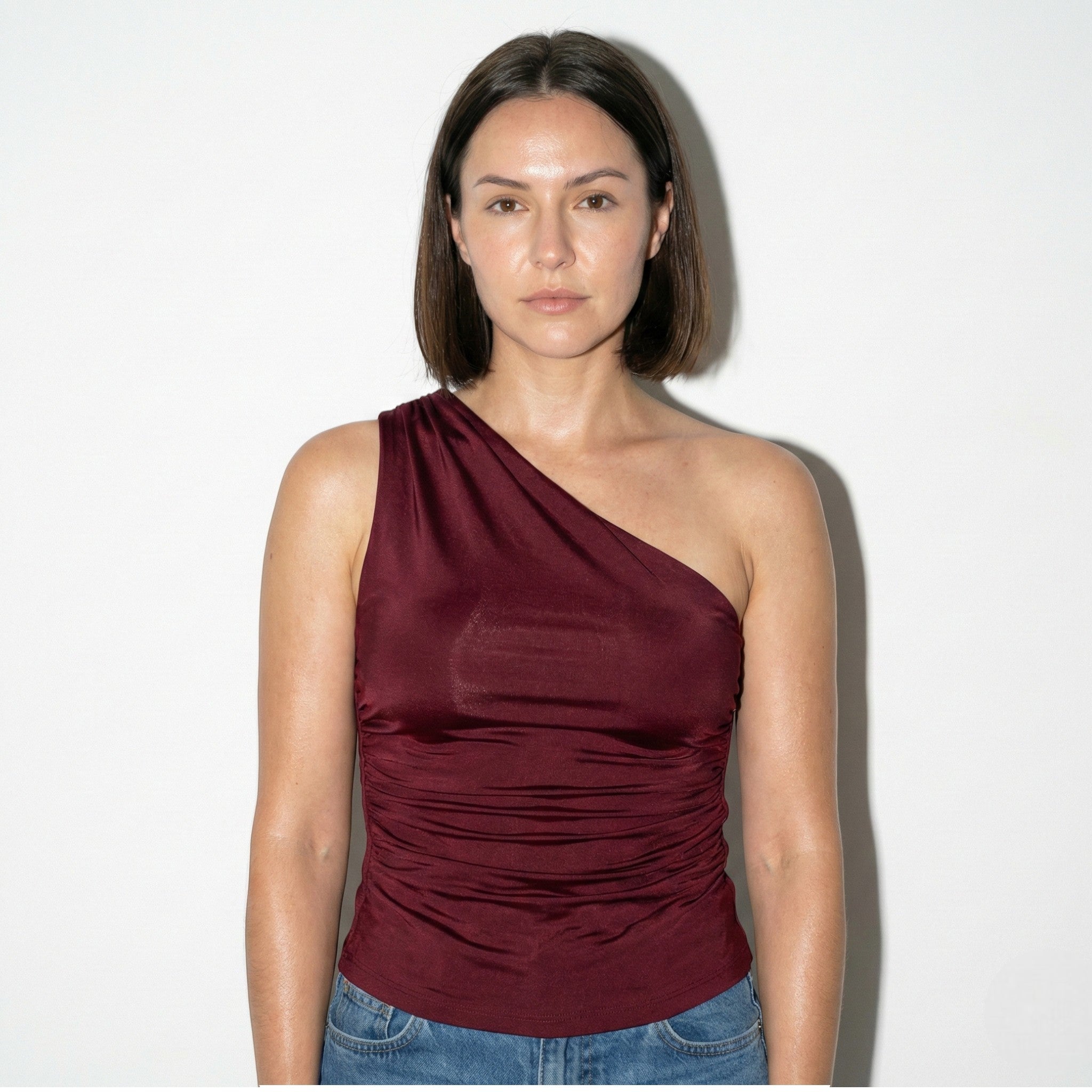 Alice - Women's Ruched One - Shoulder Sleeveless Top - Tops, T-shirts & Shirts - Burgundy - Jones & Smith
