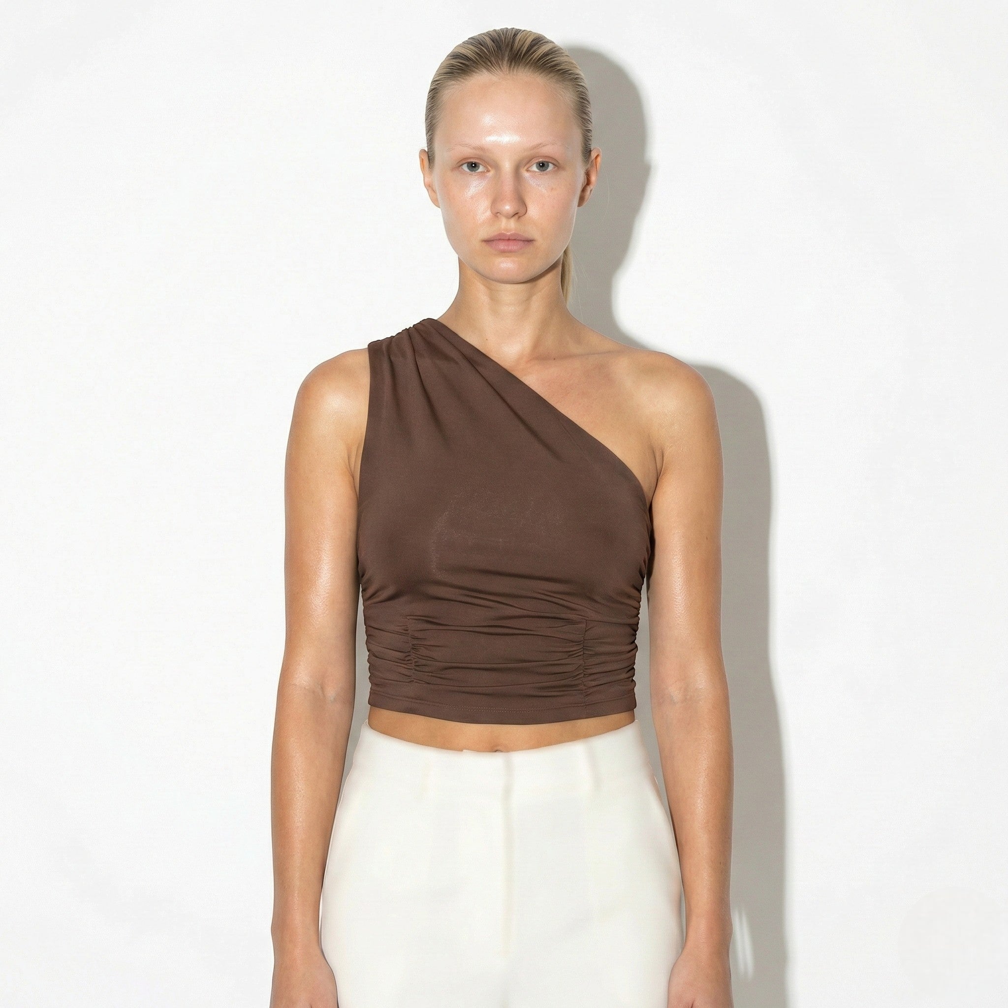 Alice - Women's Ruched One - Shoulder Sleeveless Top - Tops, T-shirts & Shirts - Brown - Jones & Smith