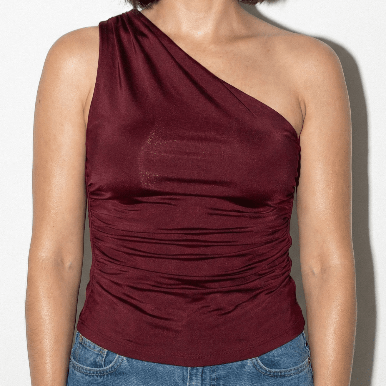 Alice - Women's Ruched One - Shoulder Sleeveless Top - Tops, T-shirts & Shirts - Burgundy - Jones & Smith