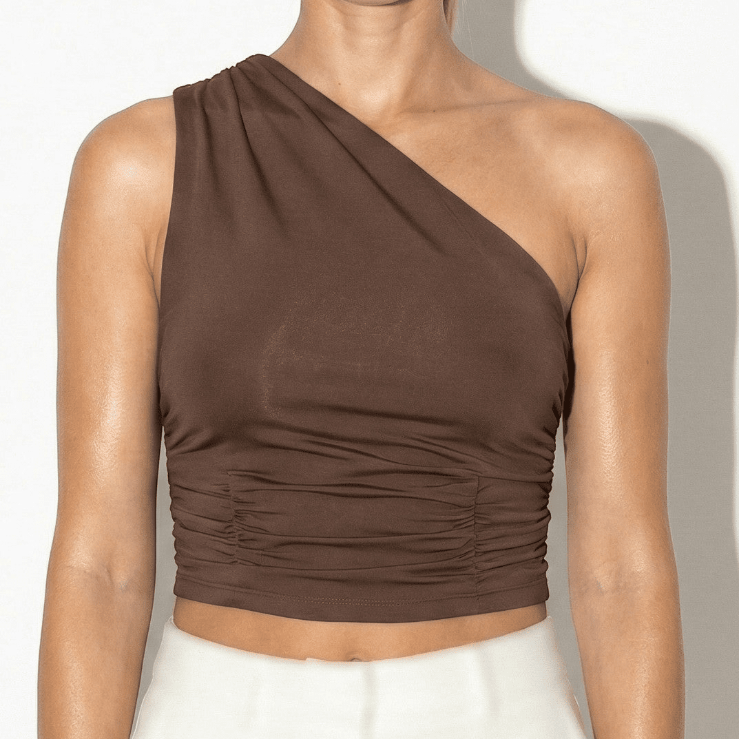 Alice - Women's Ruched One - Shoulder Sleeveless Top - Tops, T-shirts & Shirts - Brown - Jones & Smith