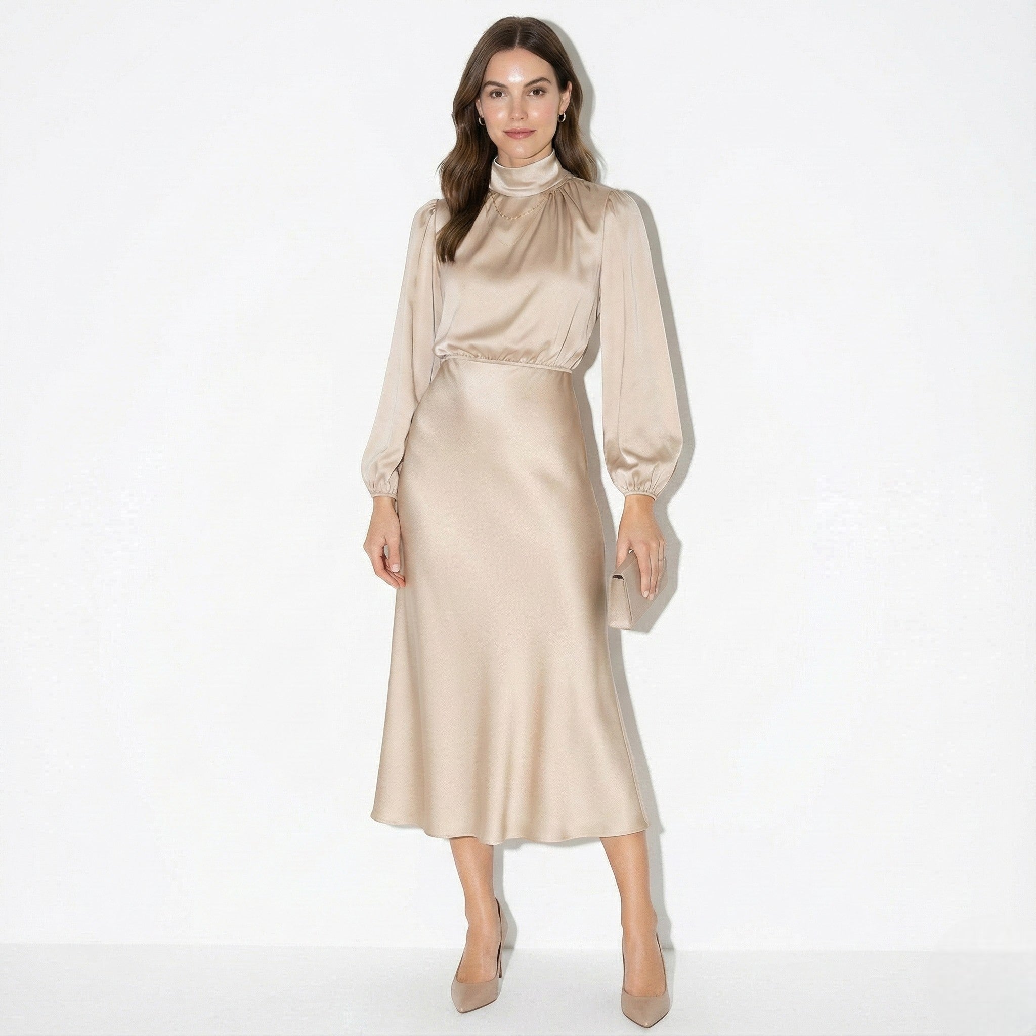 Alina – Women’s Silk Draped Midi Dress - Casual Dresses - Apricot - Jones & Smith