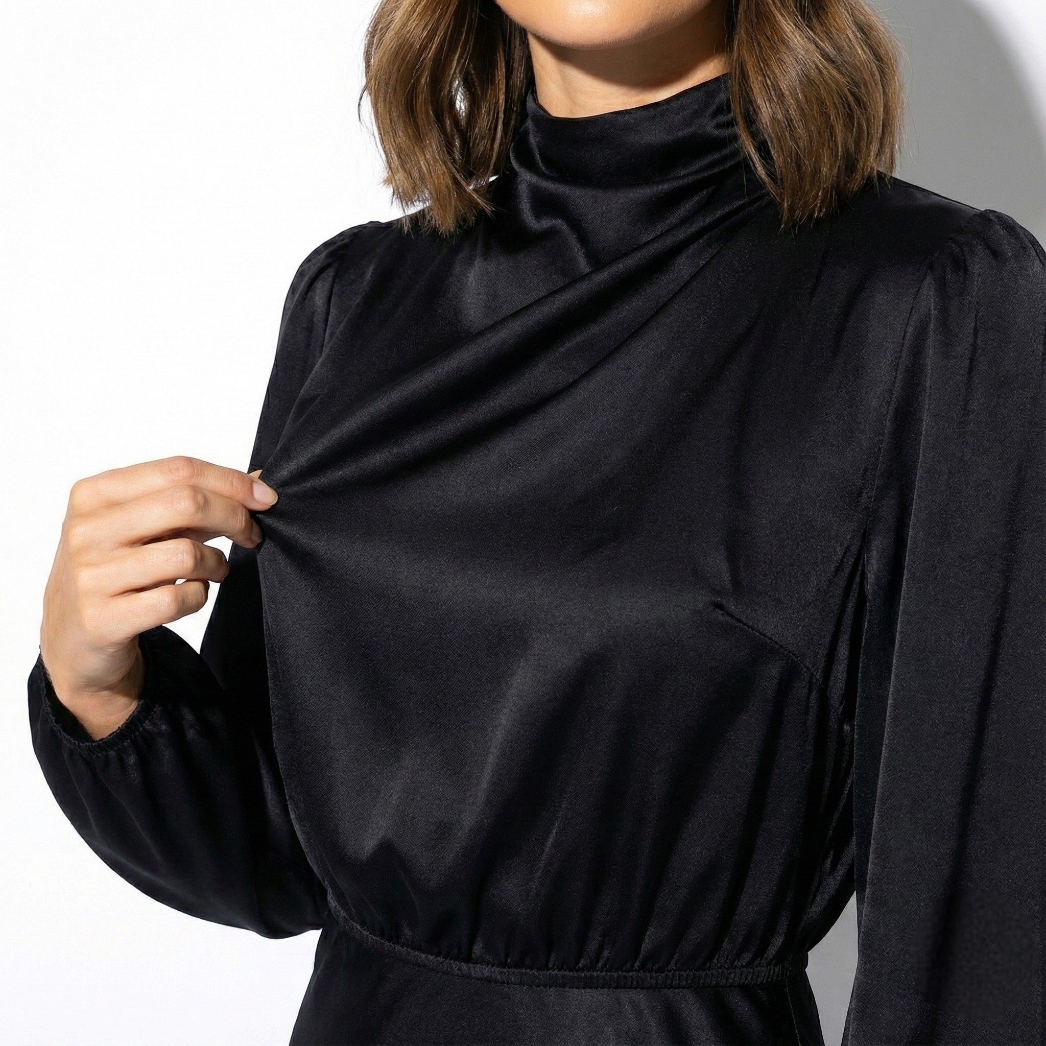 Alina – Women’s Silk Draped Midi Dress - Casual Dresses - Black - Jones & Smith