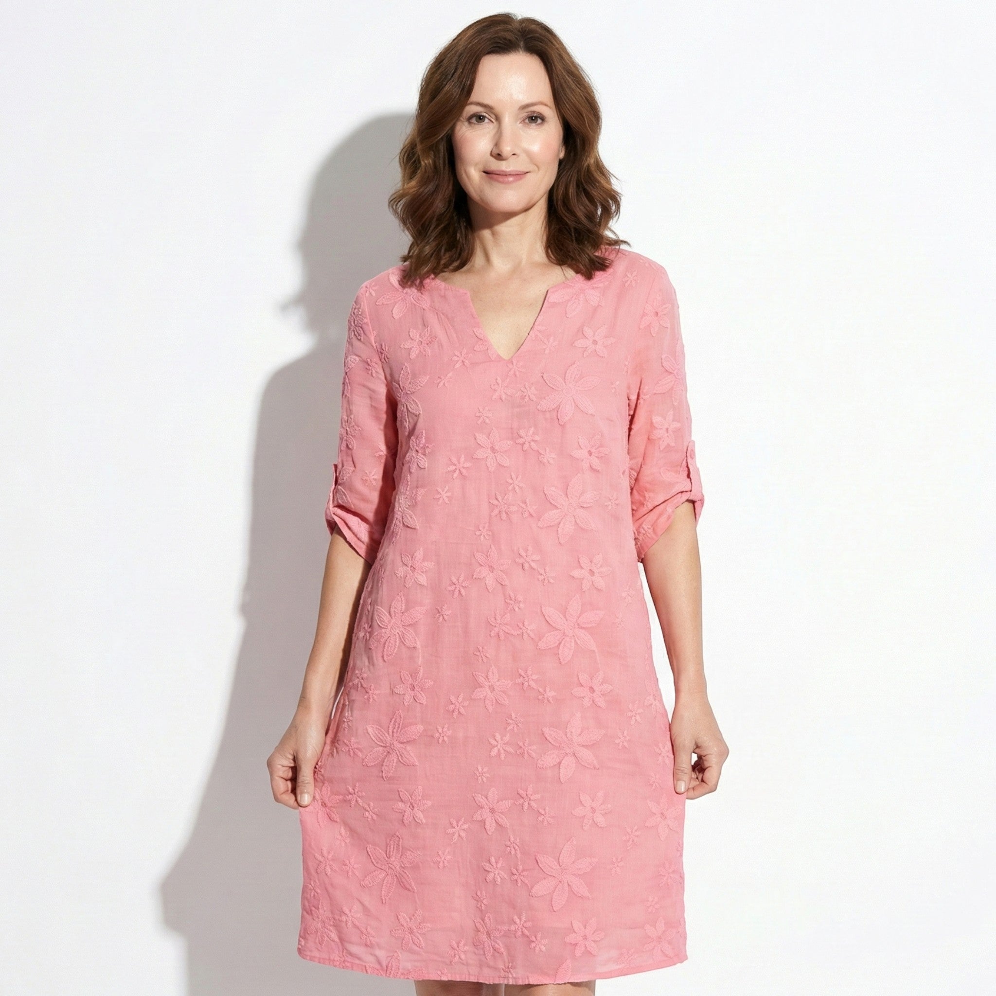 Amber - Women's Floral V - Neck Midi Dress with Half Sleeves - Dress - Pink - Jones & Smith