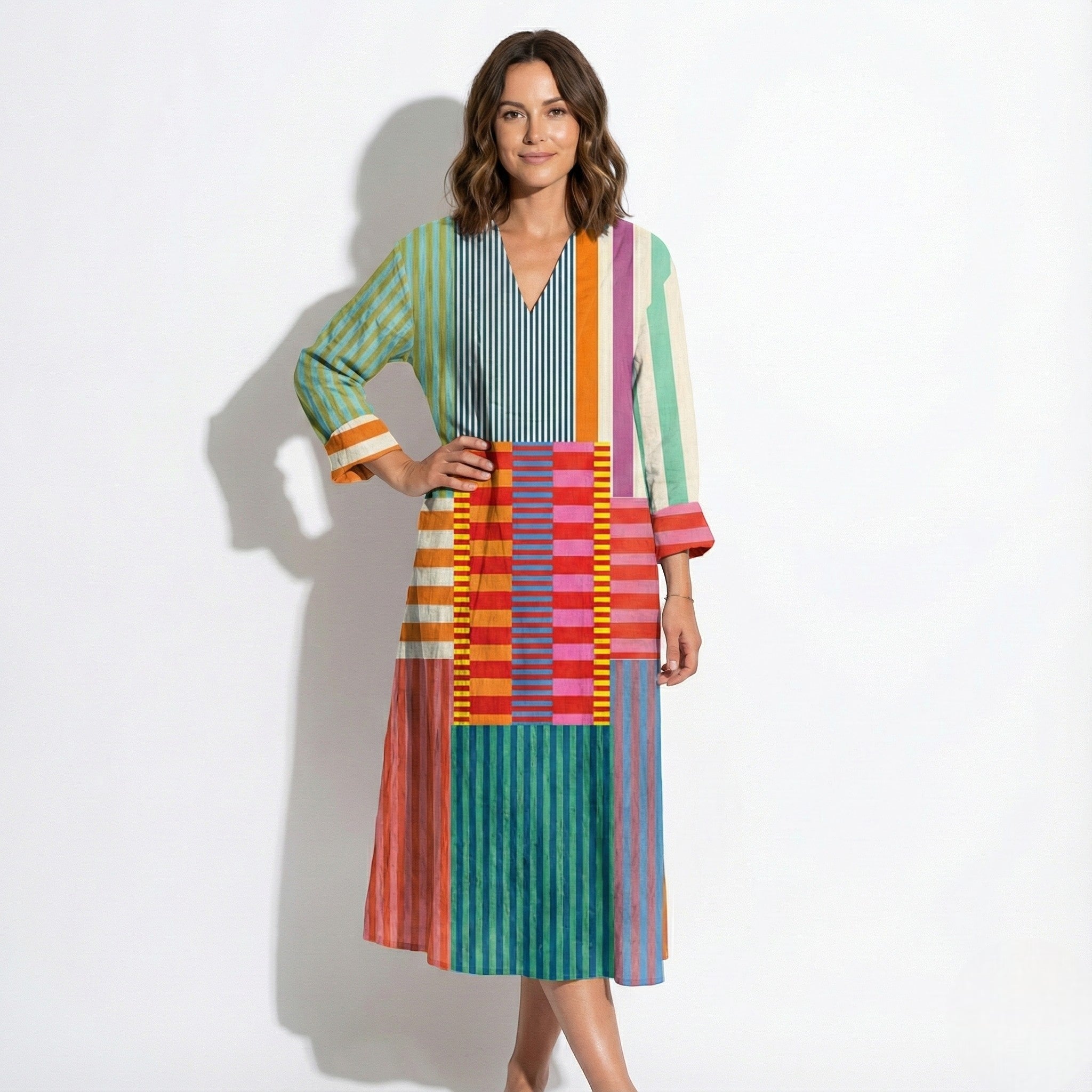 Amber - Women's Long Sleeve Boho Art Maxi Dress - Dresses - Rainbow Patch Stripe - Jones & Smith