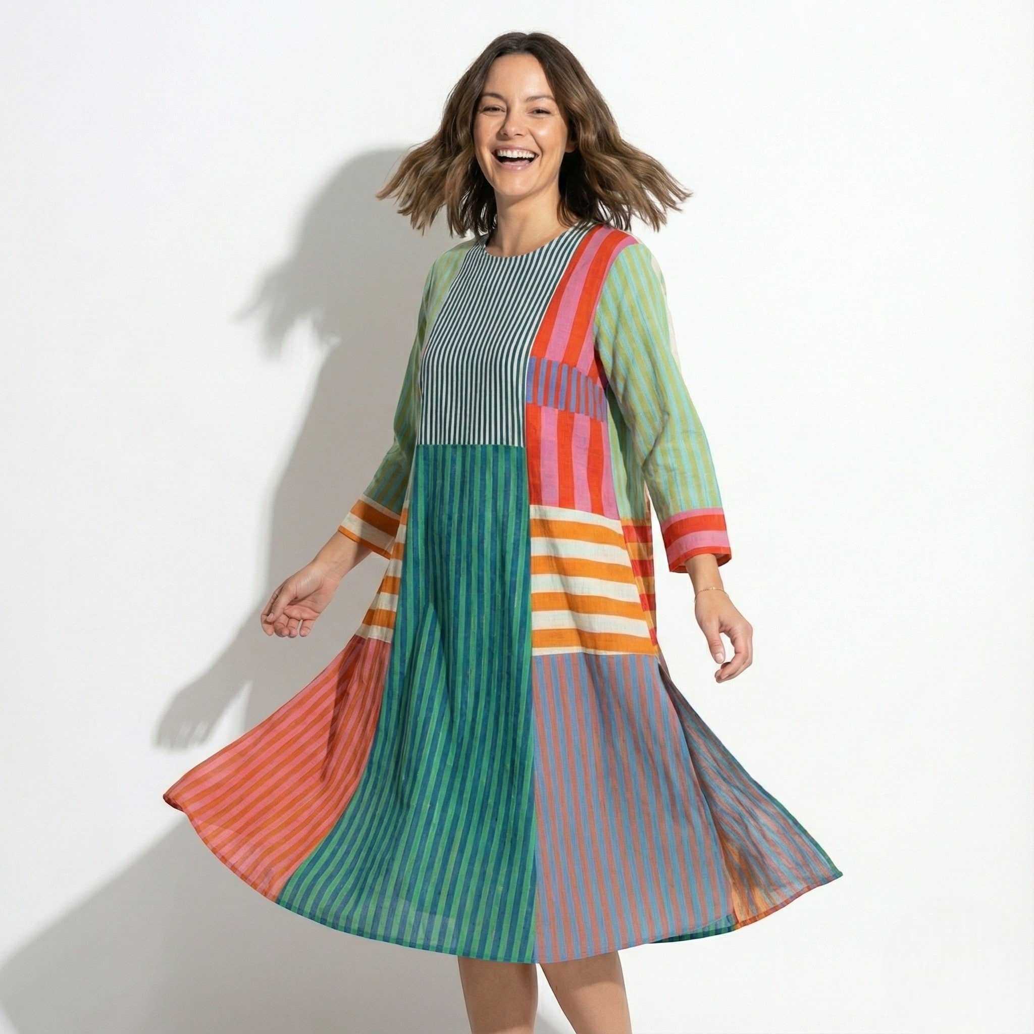Amber - Women's Long Sleeve Boho Art Maxi Dress - Dresses - Rainbow Patch Stripe - Jones & Smith