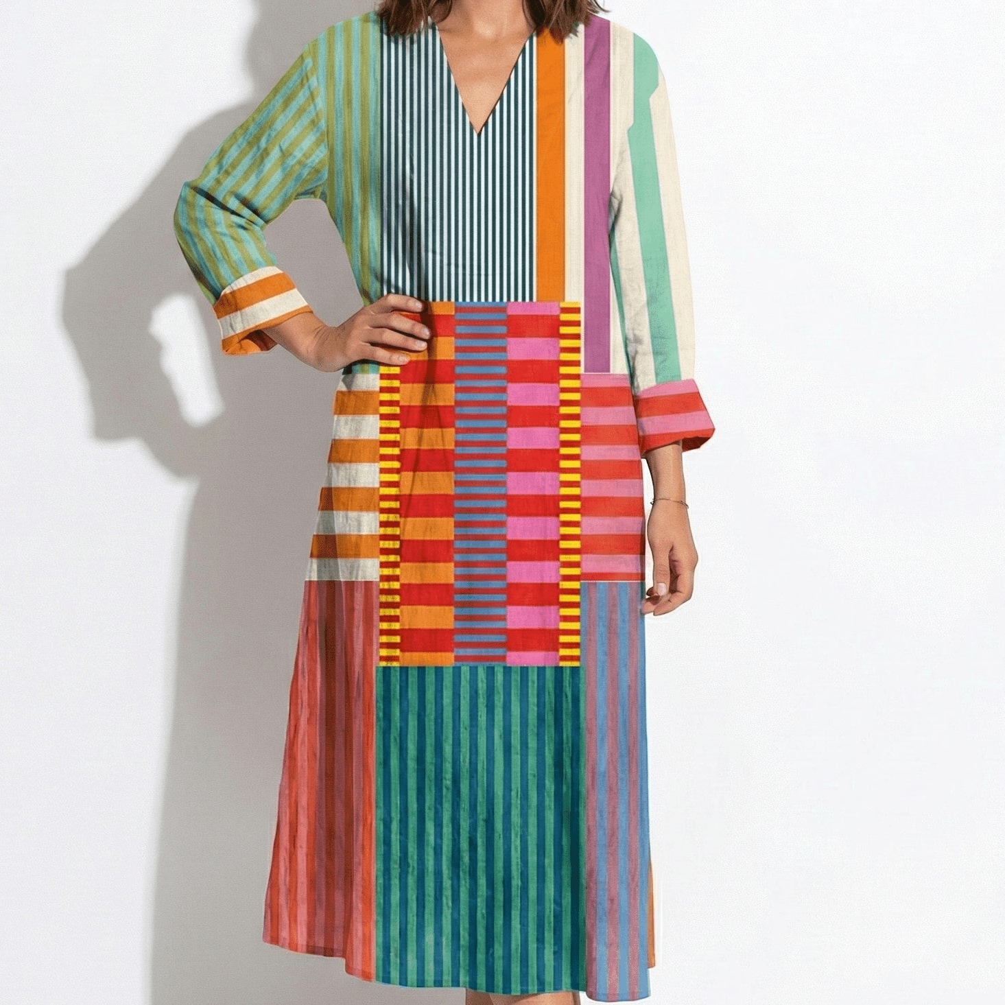 Amber - Women's Long Sleeve Boho Art Maxi Dress - Dresses - Rainbow Patch Stripe - Jones & Smith