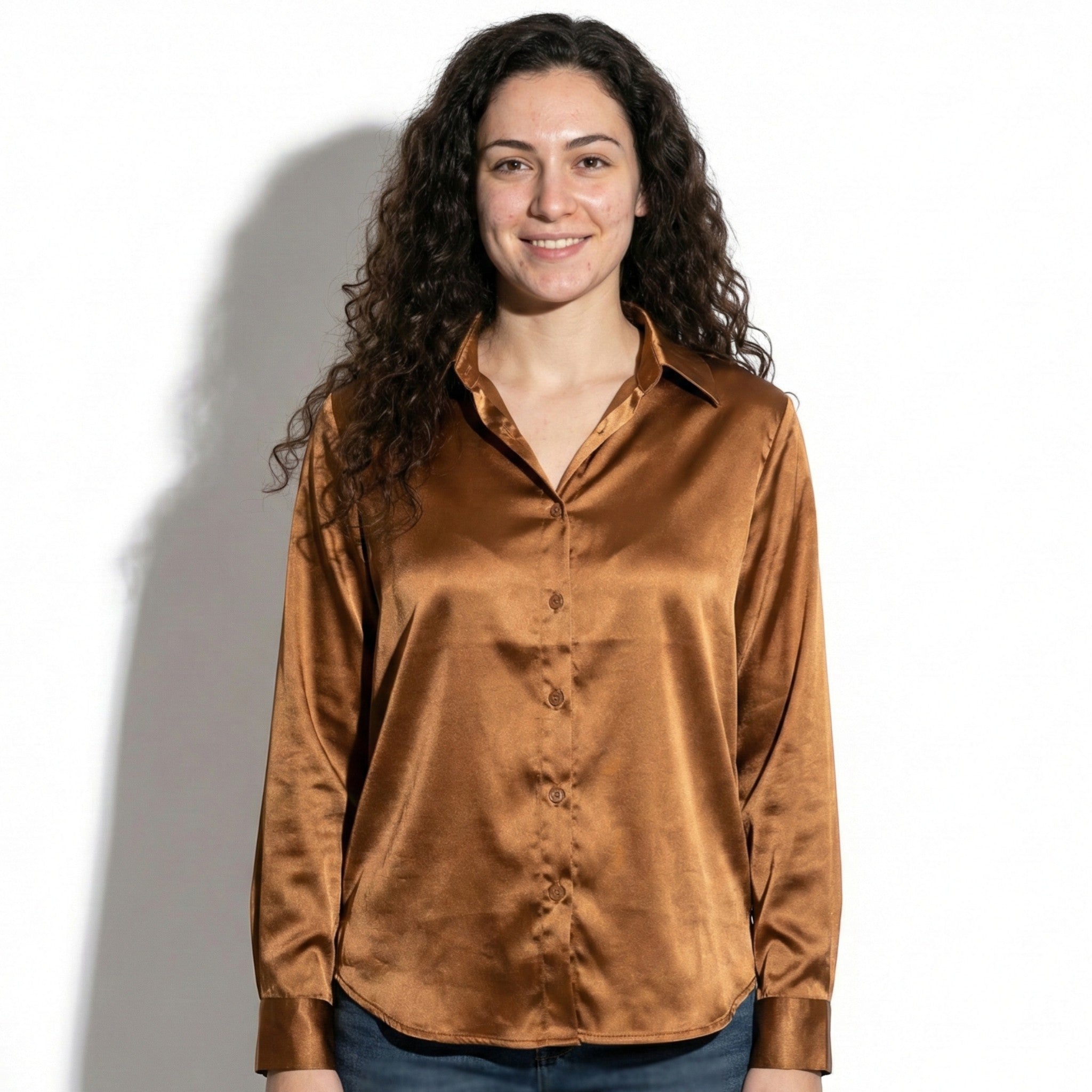 Amber - Women's Long Sleeve Button - Up Blouse with Refined Finish - Blouses - Brown - Jones & Smith