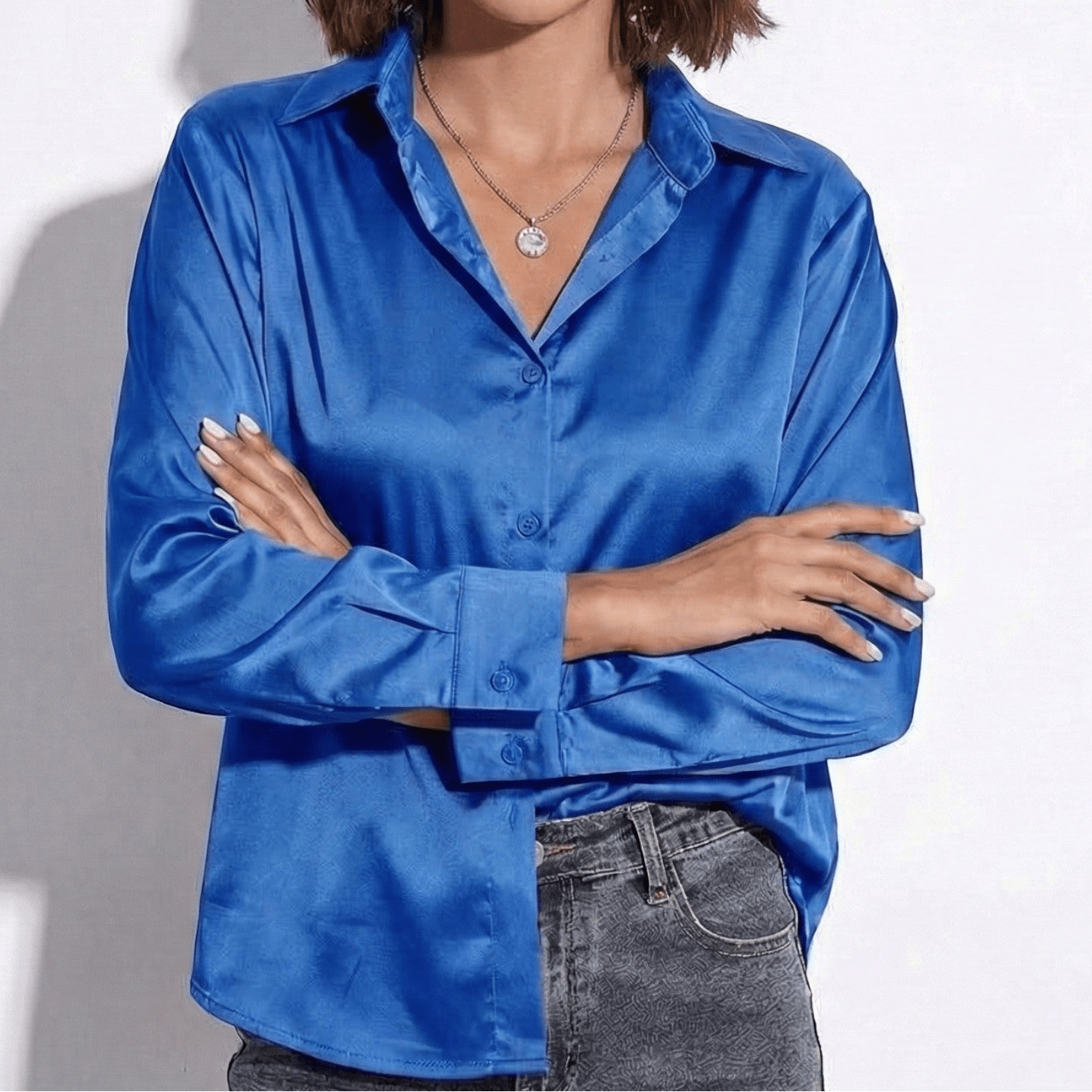 Amber - Women's Long Sleeve Button - Up Blouse with Refined Finish - Blouses - Royal Blue - Jones & Smith