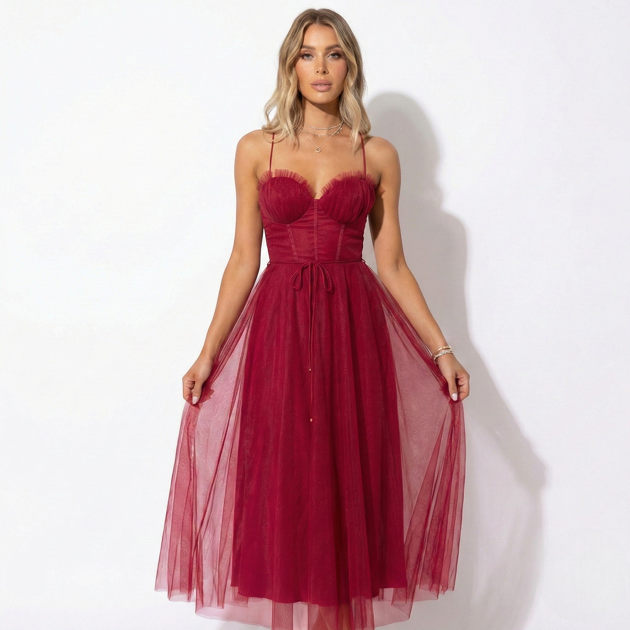 Amelia - Women’s Chiffon Spaghetti Strap Maxi Dress - Dresses - Wine Red - Jones & Smith