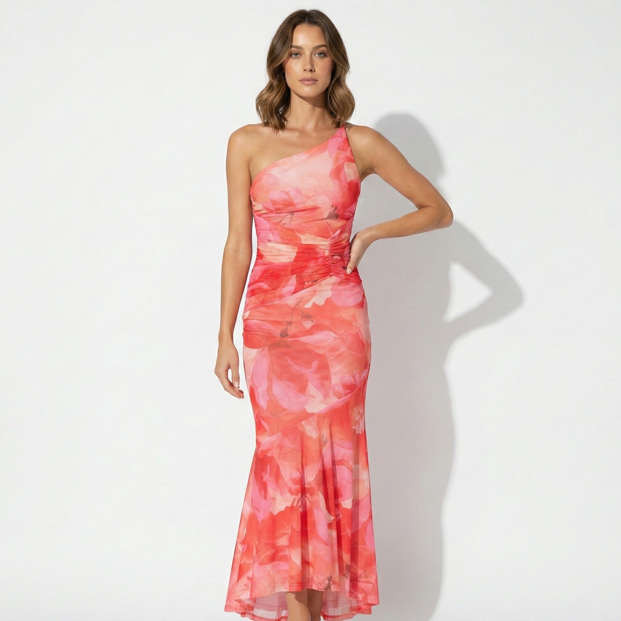 Amelia - Women’s Floral Maxi Dress with One Shoulder Design - Dresses - Pink - Jones & Smith