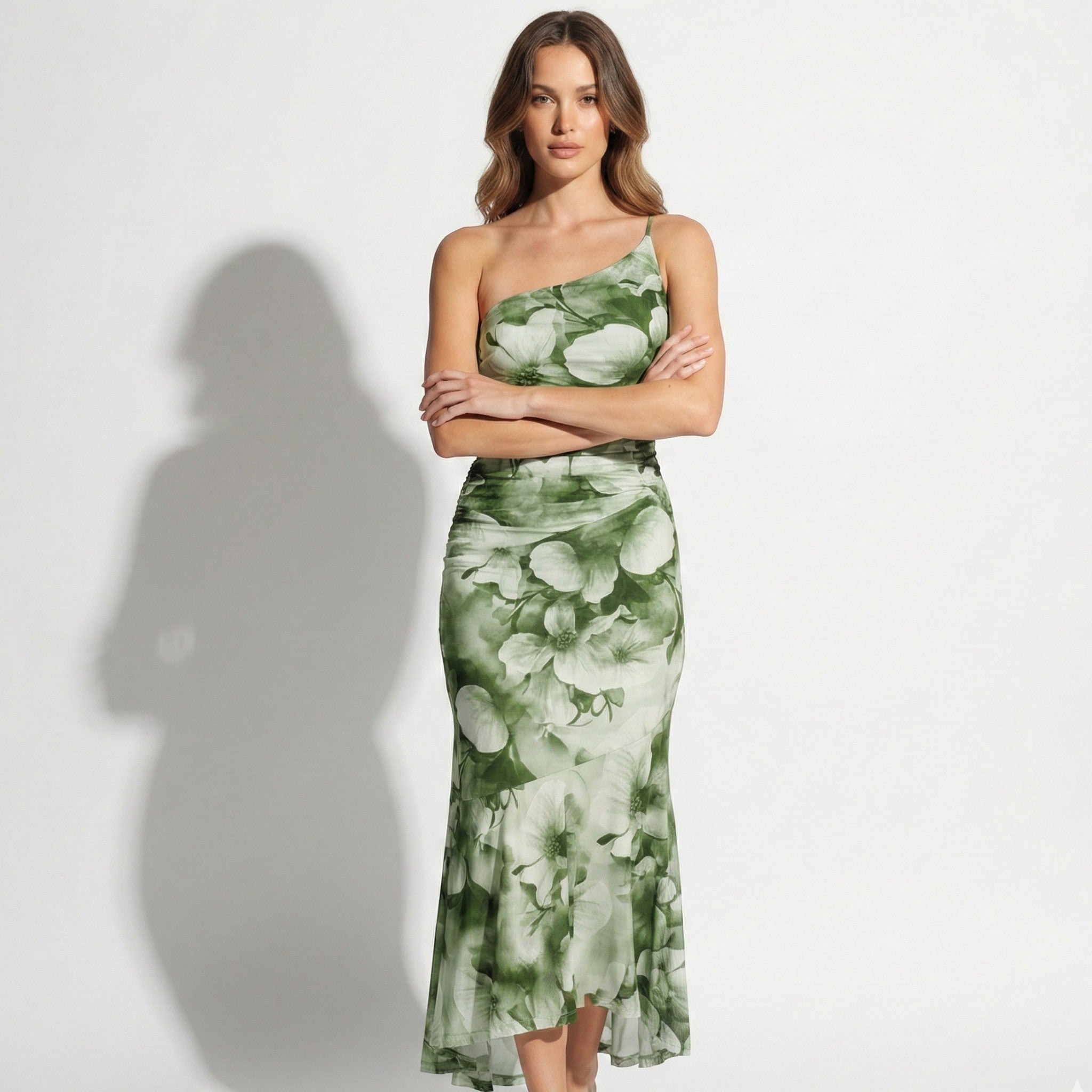 Amelia - Women’s Floral Maxi Dress with One Shoulder Design - Dresses - Green - Jones & Smith