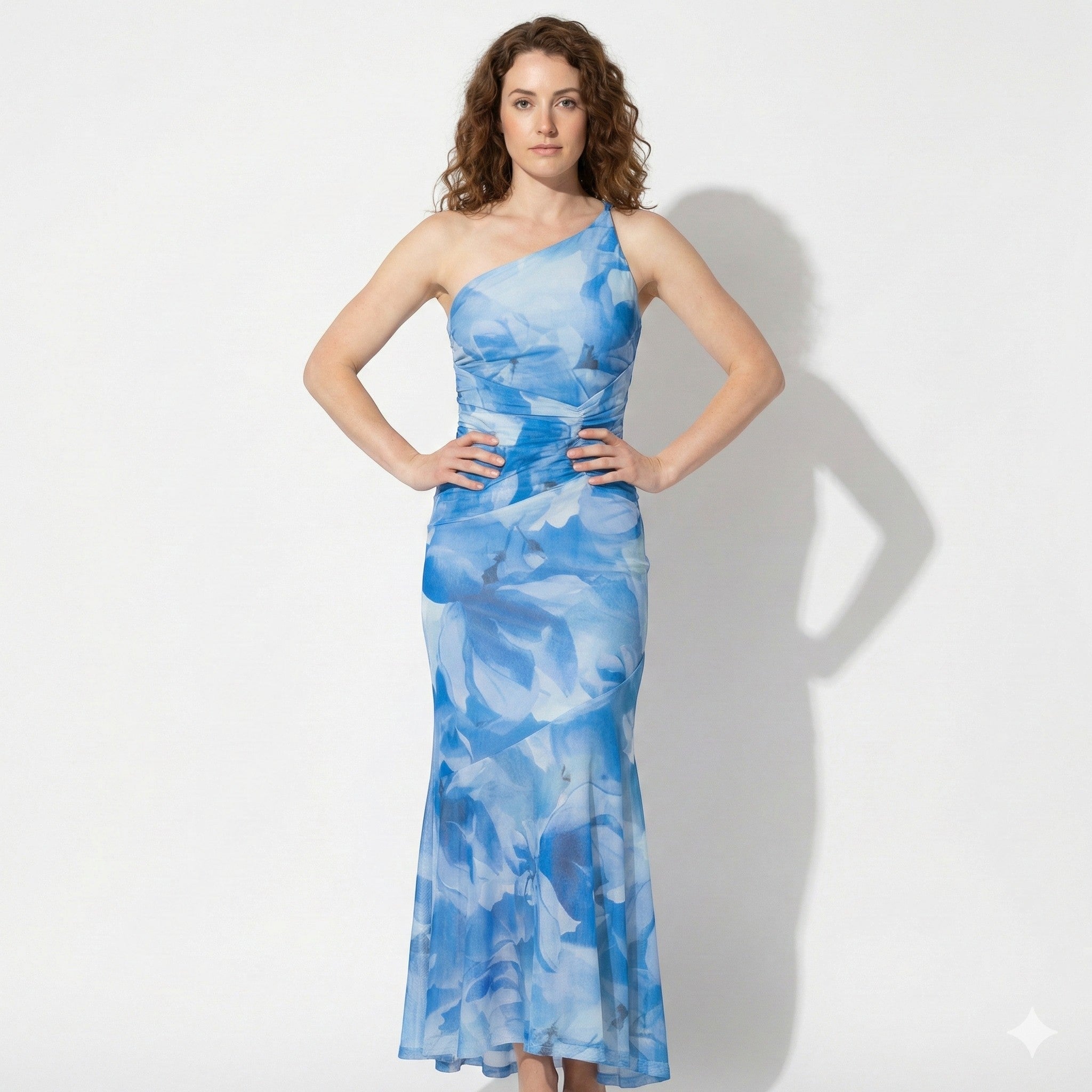 Amelia - Women’s Floral Maxi Dress with One Shoulder Design - Dresses - Blue - Jones & Smith