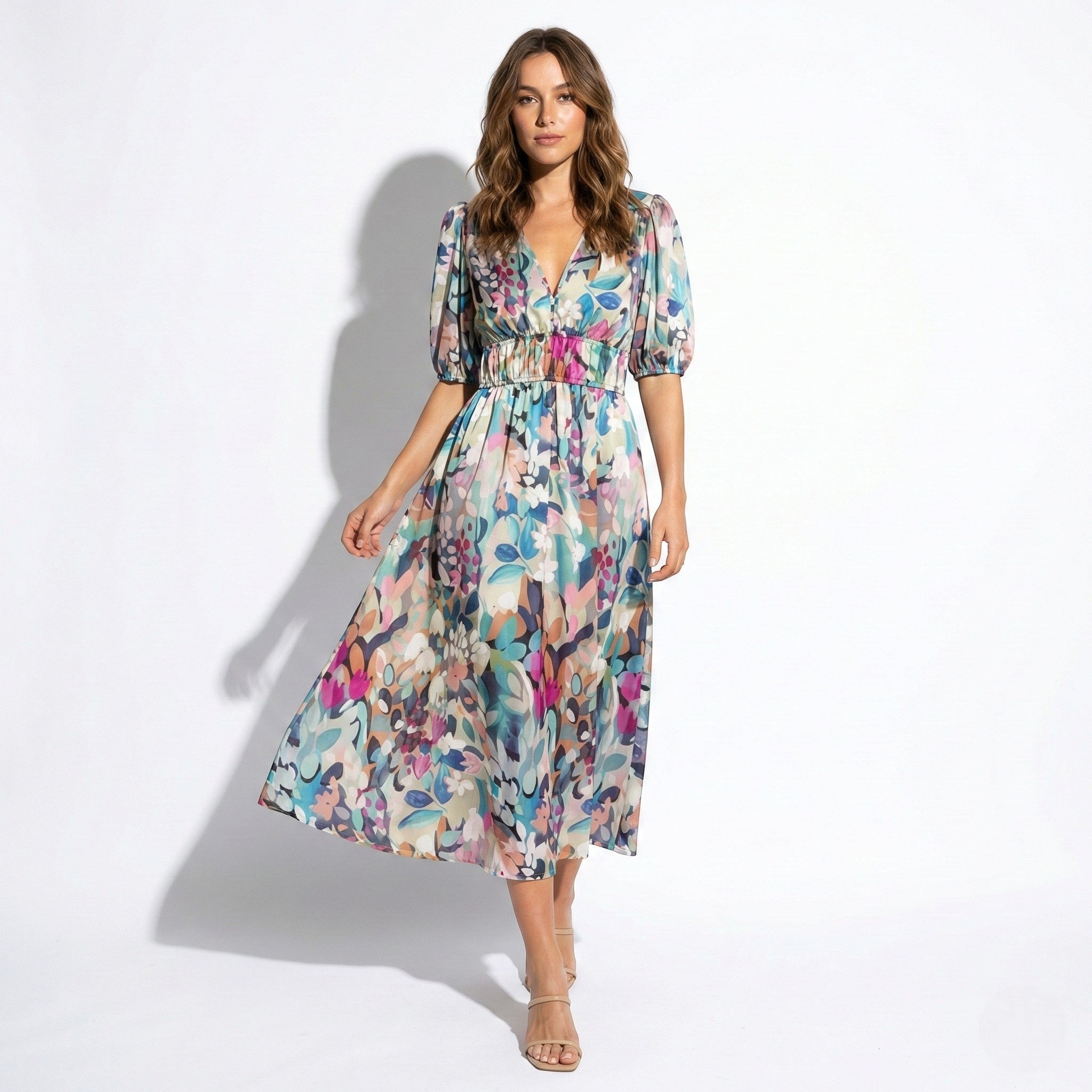 Amelia - Women's Floral Midi Dress with Puff Sleeves - Dresses - White - Jones & Smith