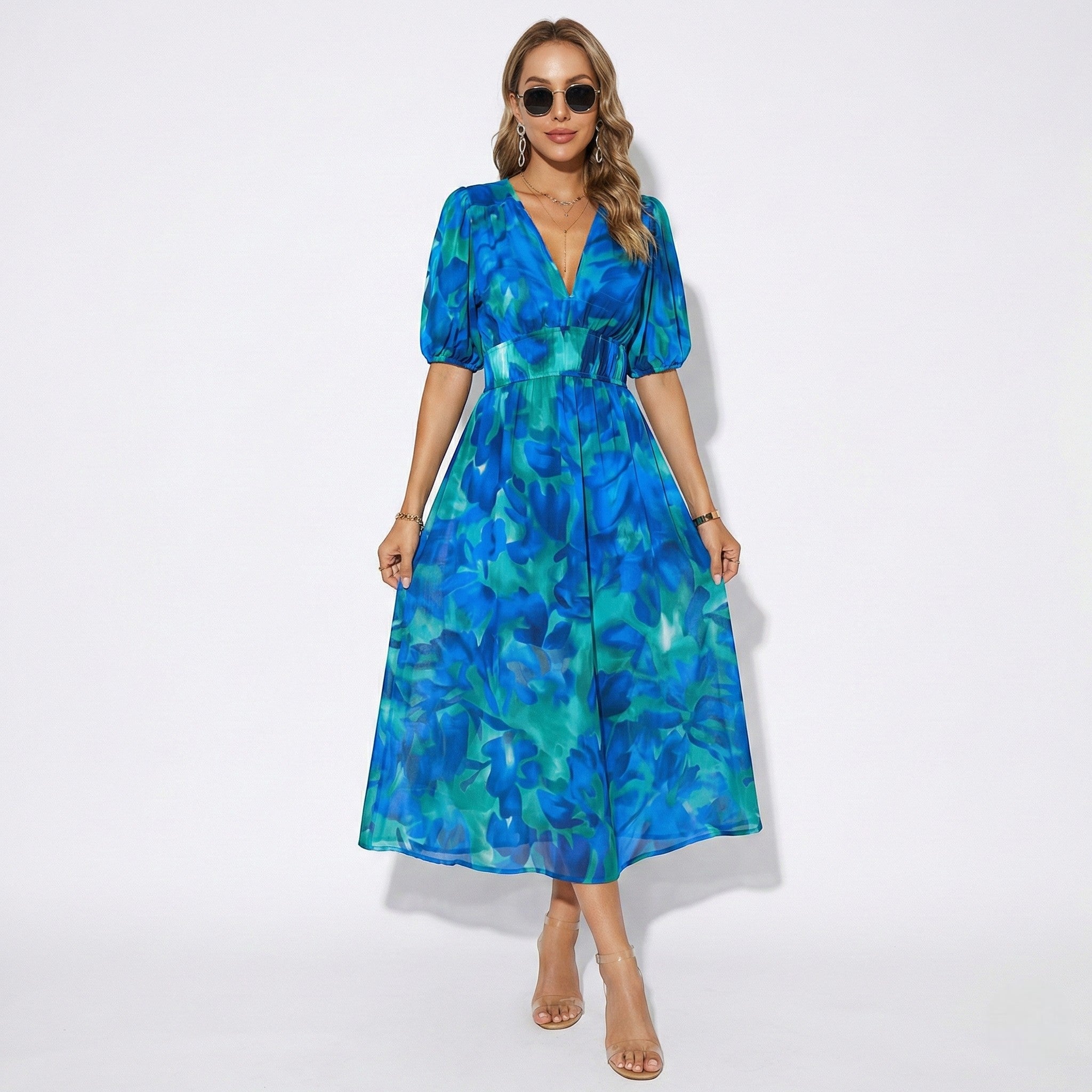 Amelia - Women's Floral Midi Dress with Puff Sleeves - Dresses - Blue - Jones & Smith