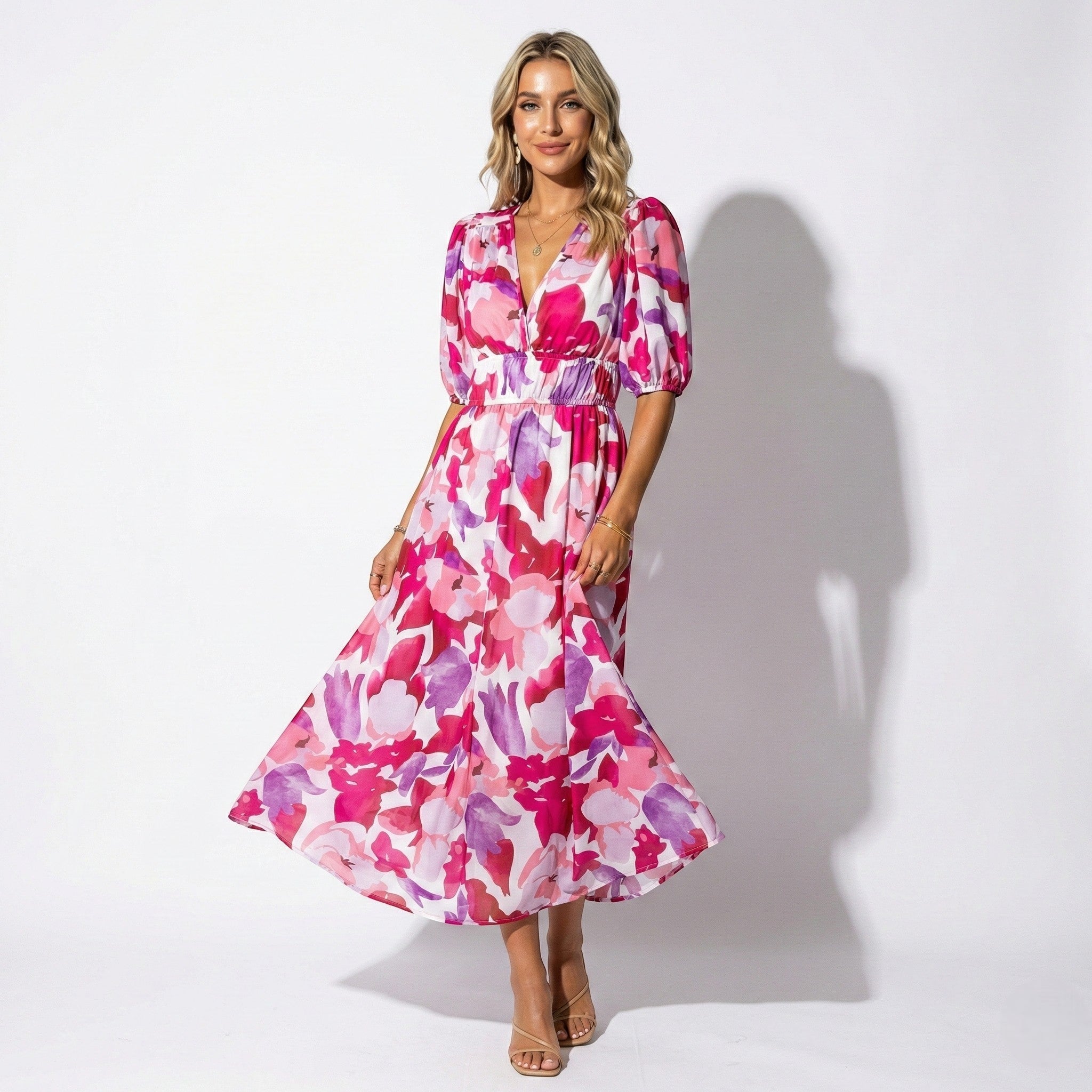 Amelia - Women's Floral Midi Dress with Puff Sleeves - Dresses - Pink - Jones & Smith