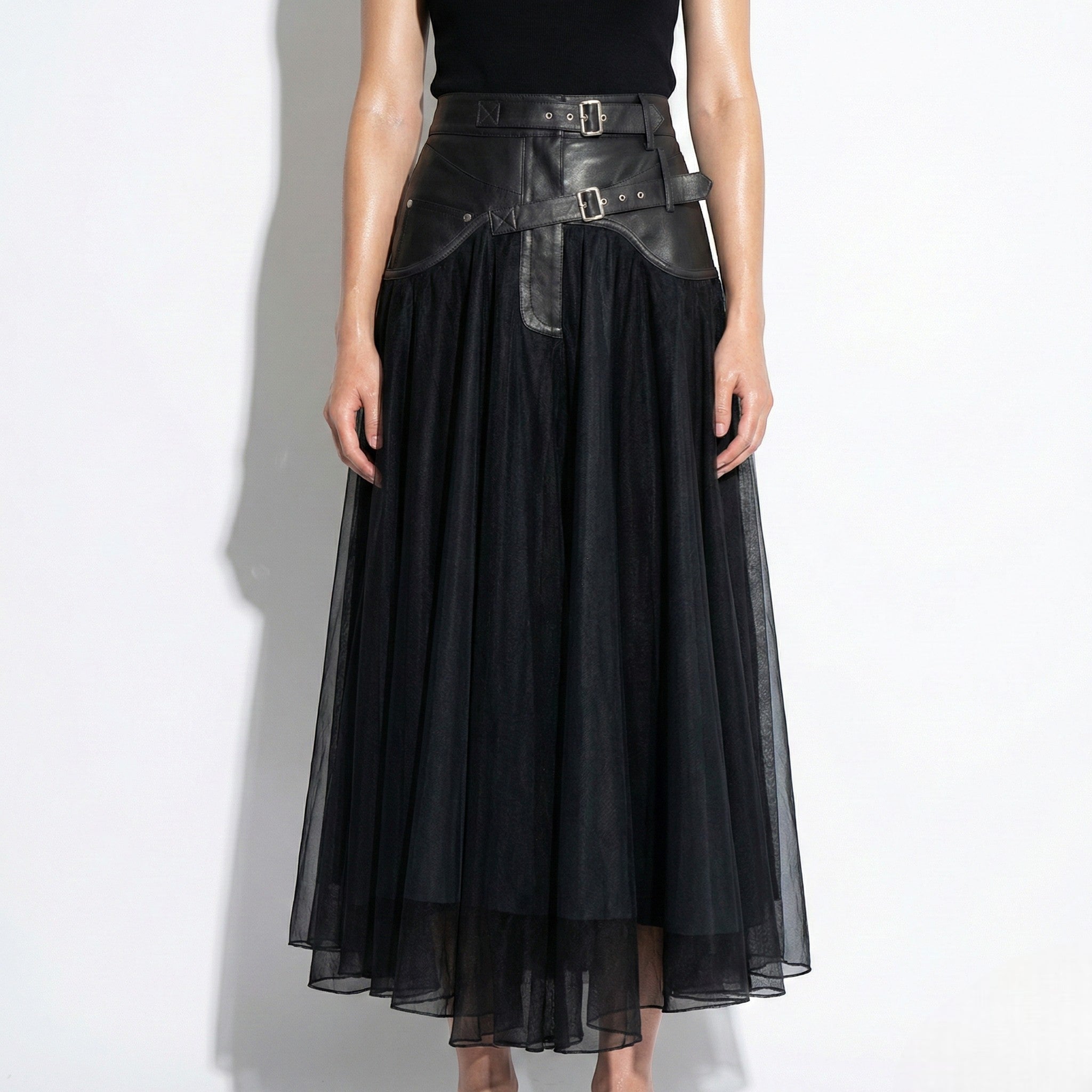 Amelia - Women's High - Waisted Mesh Tulle Skirt with Buckle Detail - Skirts - Black - Jones & Smith