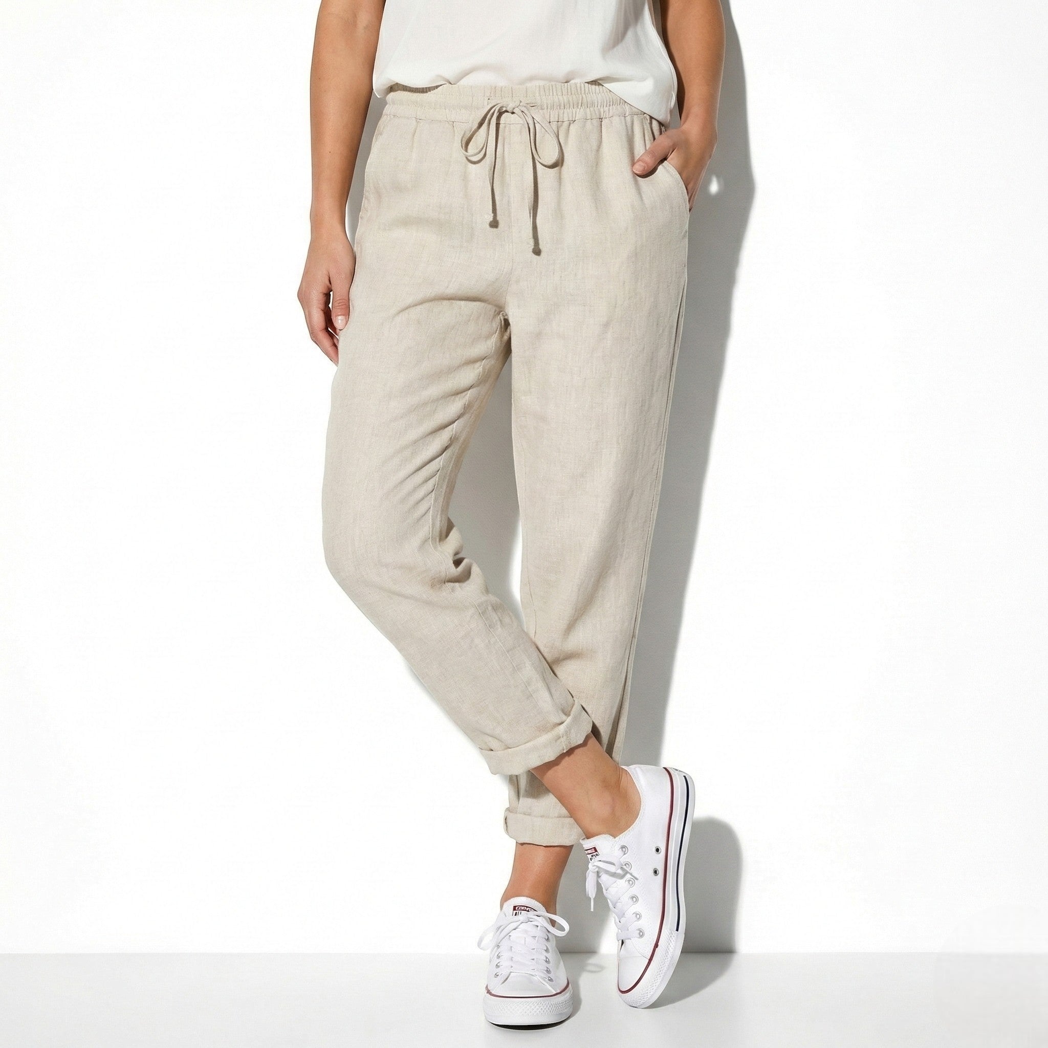 Amelia - Women’s Lightweight Drawstring Linen - Blend Trousers - Jogger Pants - Beige - Jones & Smith