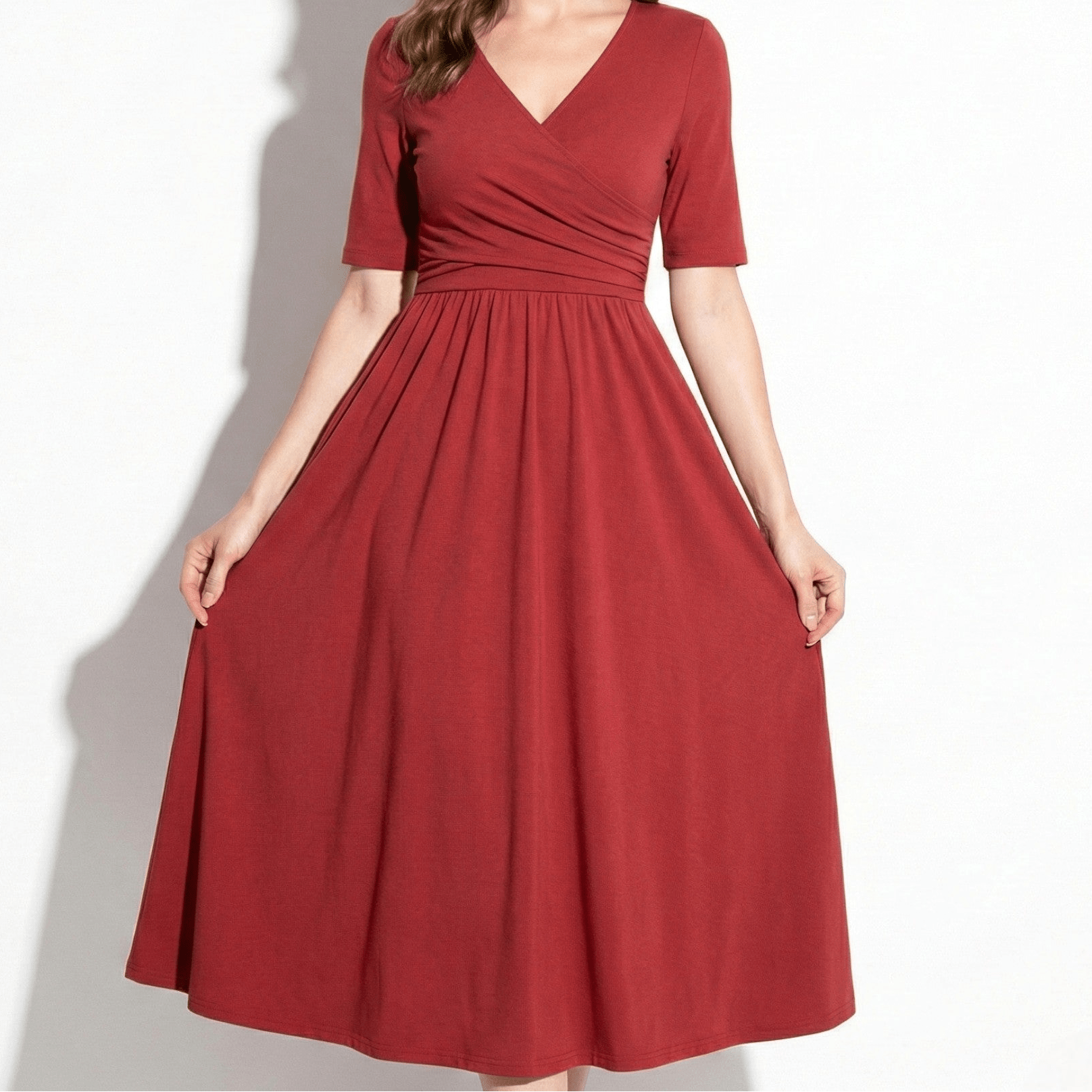 Amelia - Women's V - Neck Mid - Sleeve Flared Maxi Dress - Women Dress - Red - Jones & Smith