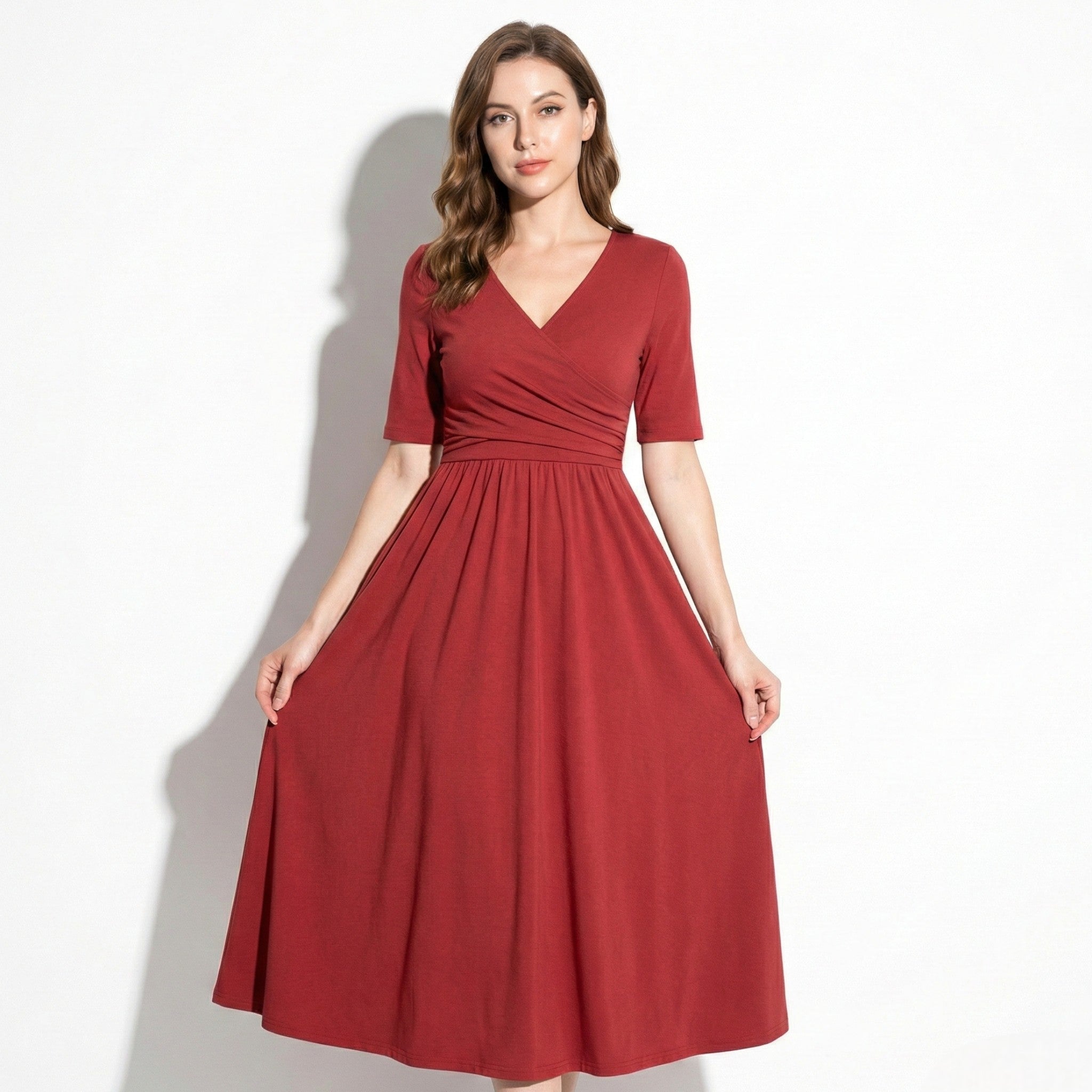 Amelia - Women's V - Neck Mid - Sleeve Flared Maxi Dress - Women Dress - Red - Jones & Smith