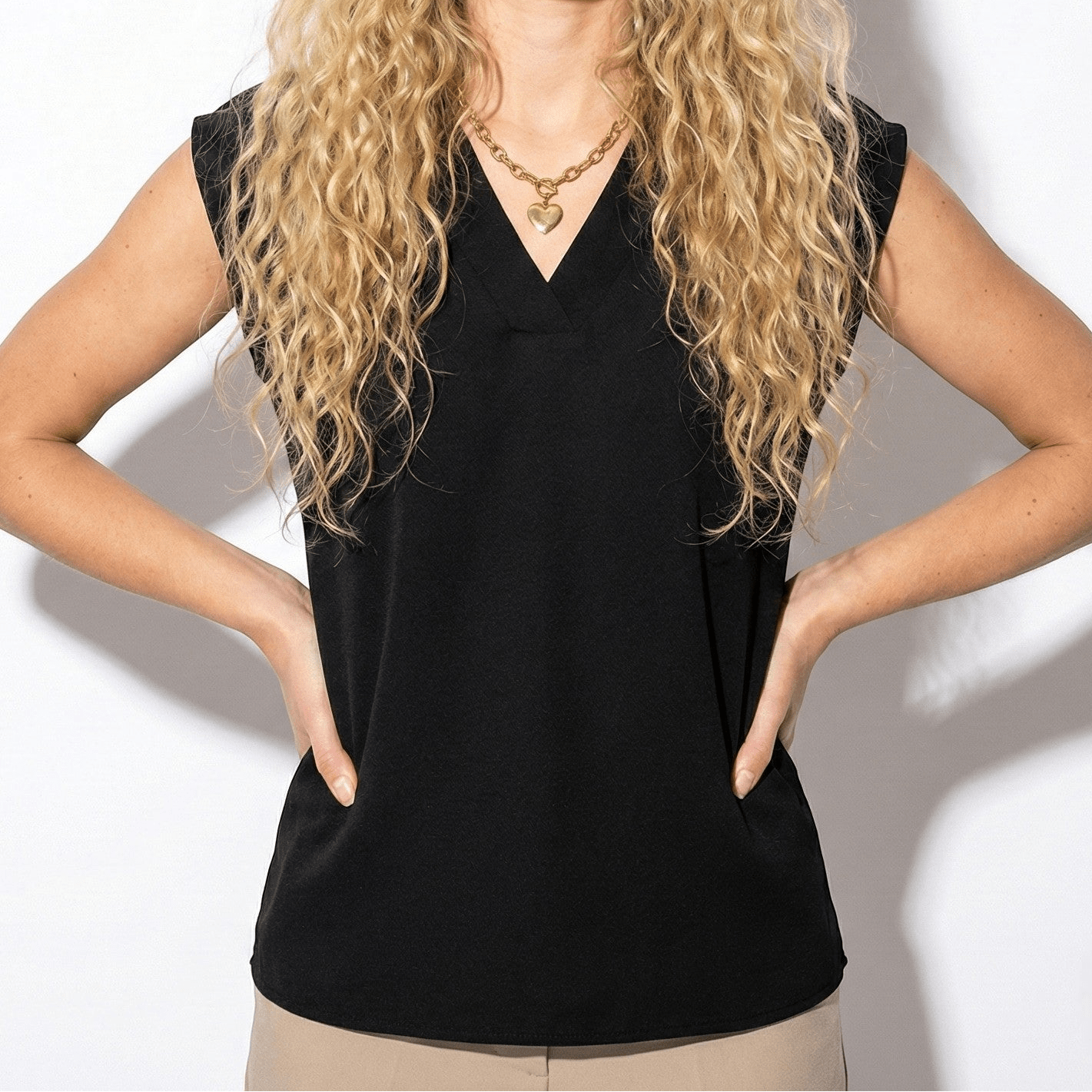 Amelia - Women's V - Neck Short - Sleeved Blouse with Wide Trim - Women Top - Black - Jones & Smith