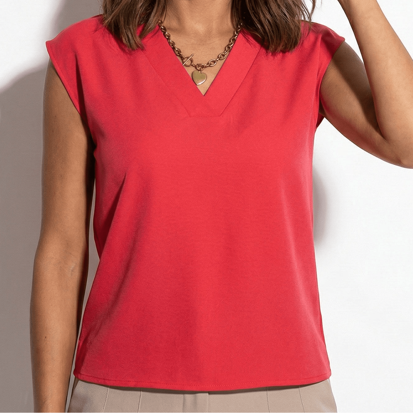 Amelia - Women's V - Neck Short - Sleeved Blouse with Wide Trim - Women Top - Red - Jones & Smith