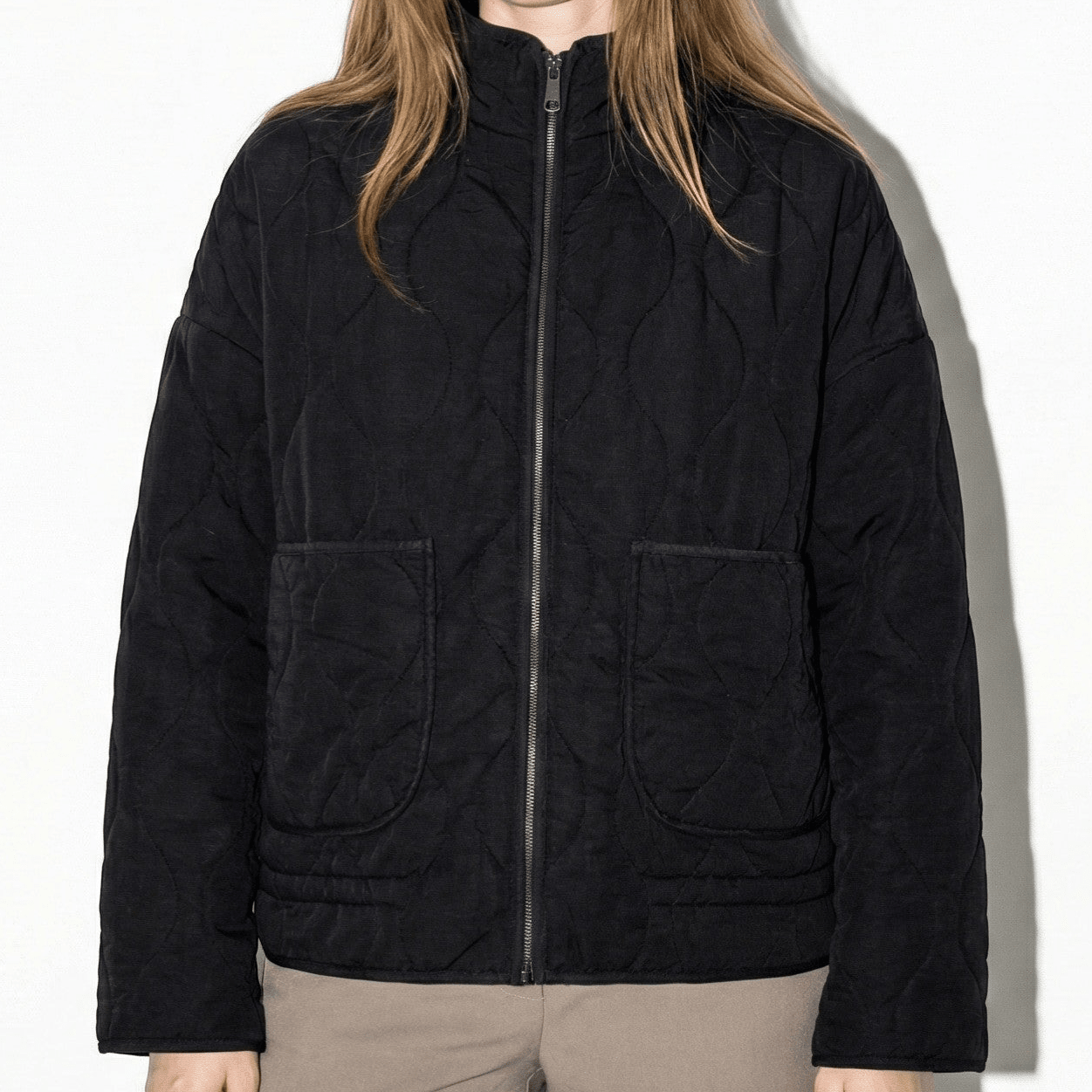 Amelia - Women's Vintage Quilted Jacket with High Collar and Zip - Jacket - Black - Jones & Smith