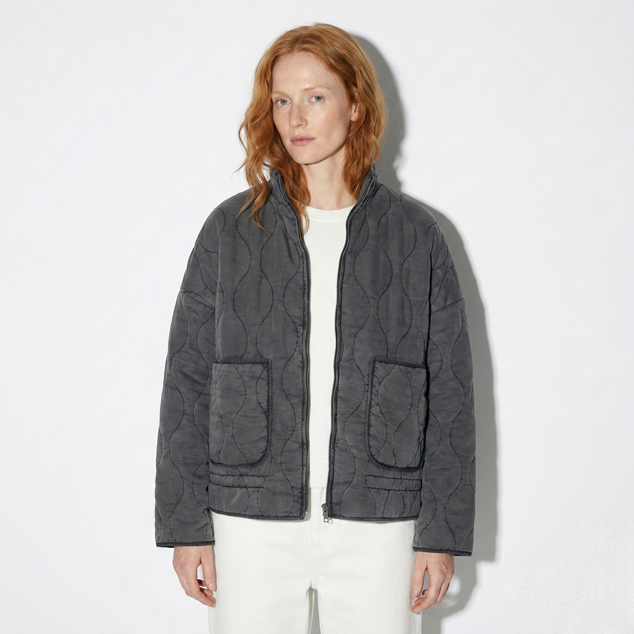 Amelia - Women's Vintage Quilted Jacket with High Collar and Zip - Jacket - Dark Grey - Jones & Smith