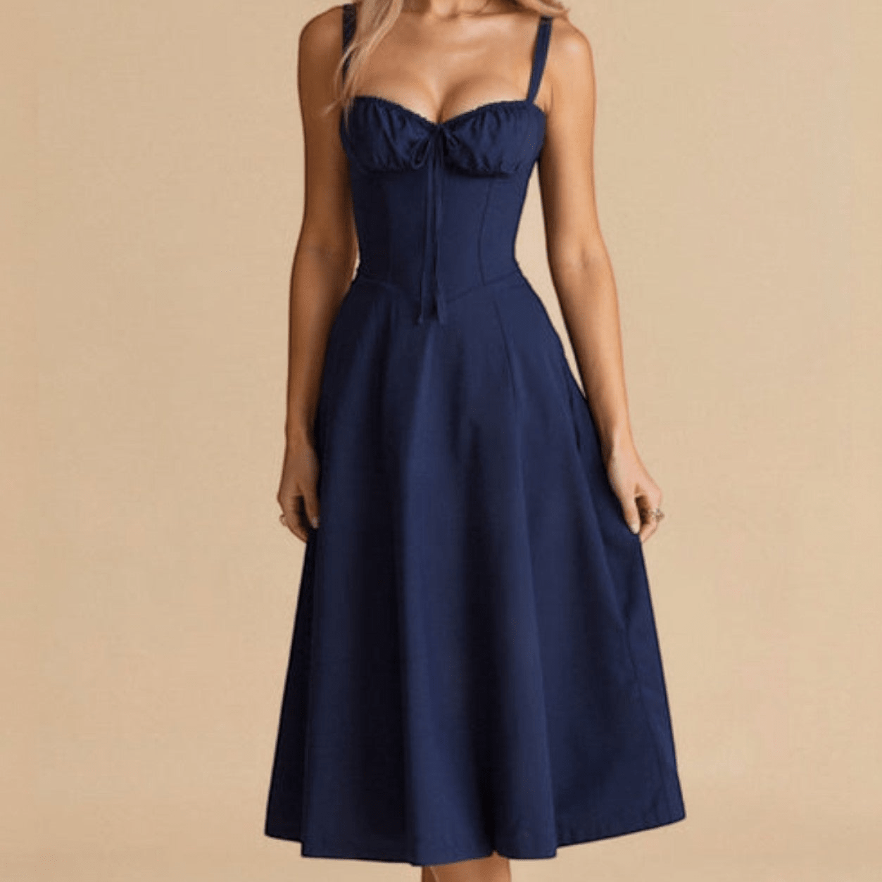 Anna - Women's Corset Midi Dress with Flattering Fit - Dress - Navy Blue - Jones & Smith