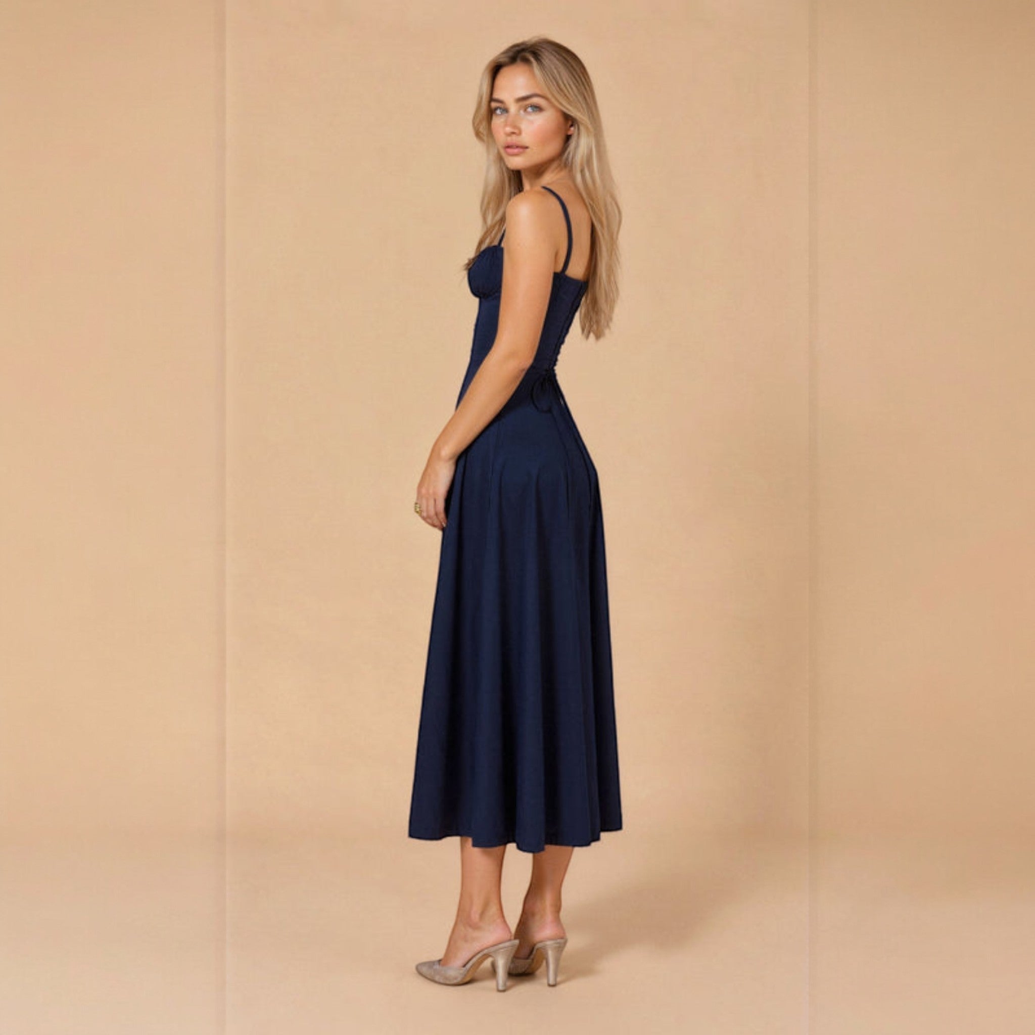 Anna - Women's Corset Midi Dress with Flattering Fit - Dress - Navy Blue - Jones & Smith