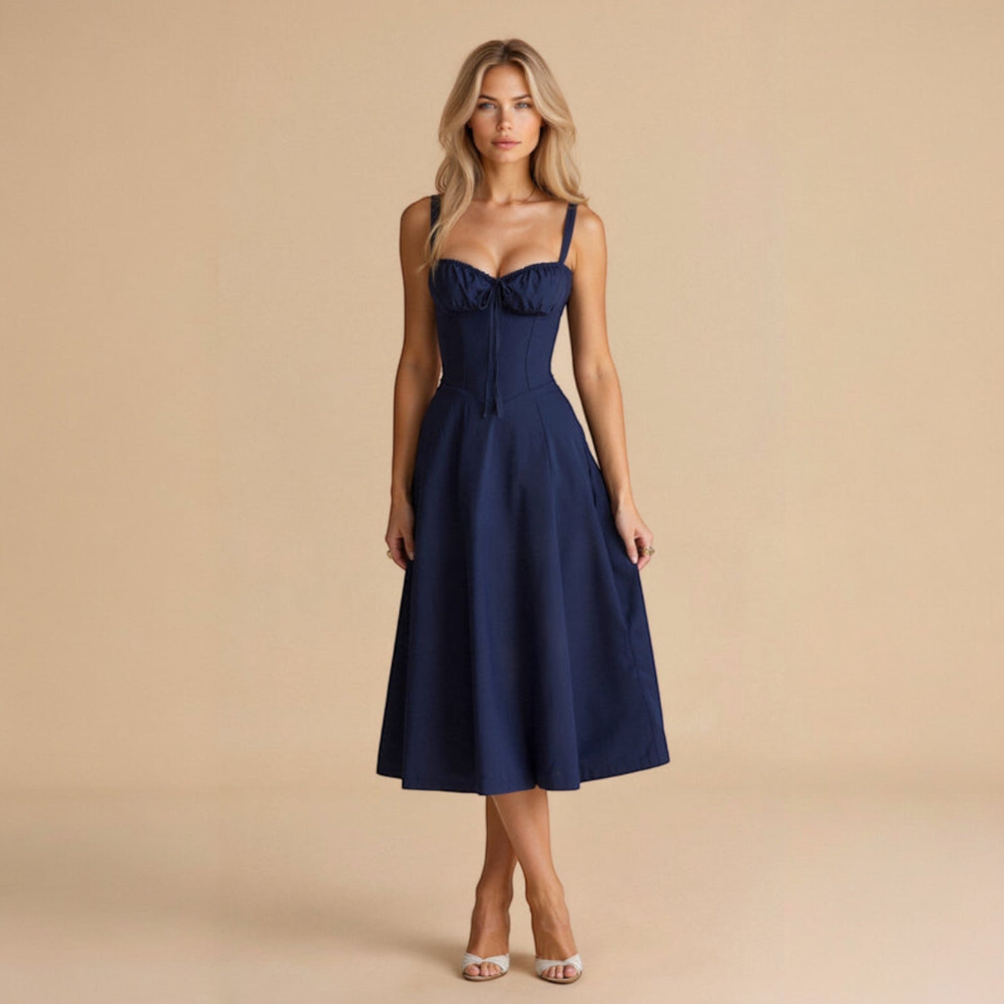 Anna - Women's Corset Midi Dress with Flattering Fit - Dress - Navy Blue - Jones & Smith