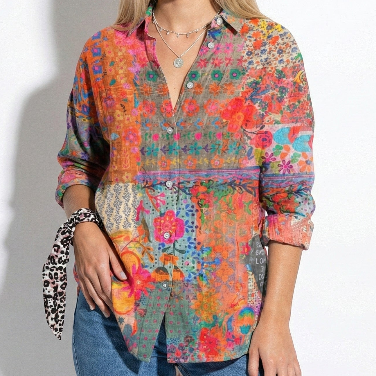 Anna - Women's Lightweight Floral Buttoned Cotton Shirt - Tops, T-shirts & Shirts - Orange - Jones & Smith