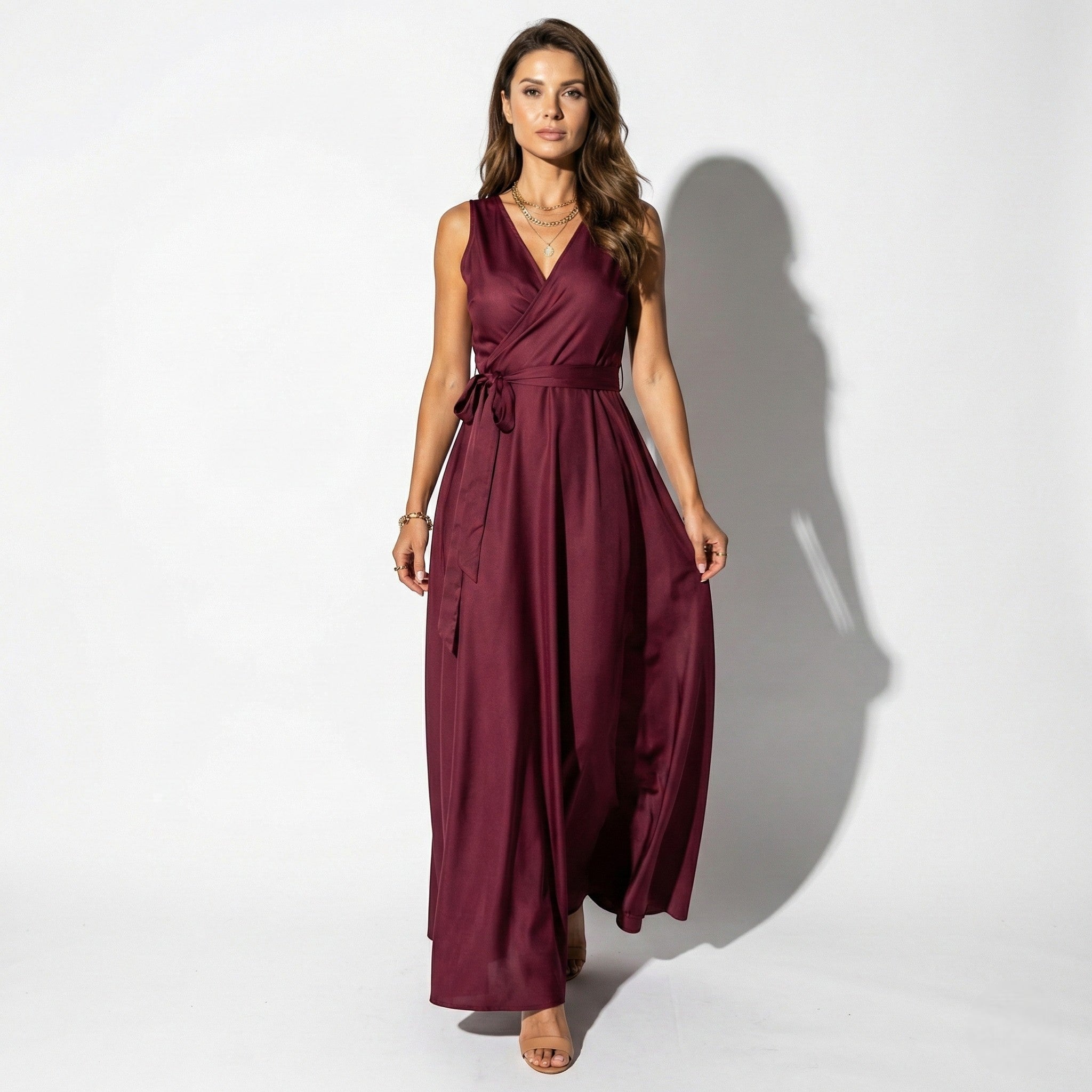 Anna - Women's V - Neck Maxi Dress with Tie Waist - Dress - Burgundy - Jones & Smith