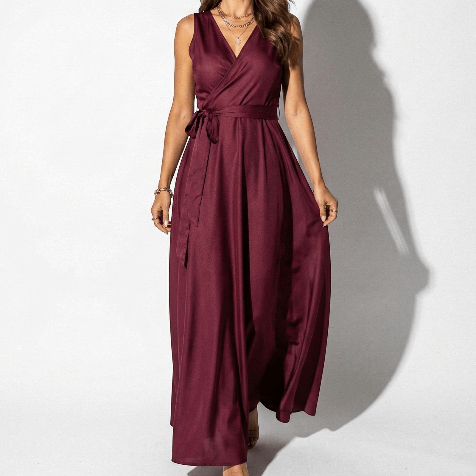 Anna - Women's V - Neck Maxi Dress with Tie Waist - Dress - Burgundy - Jones & Smith