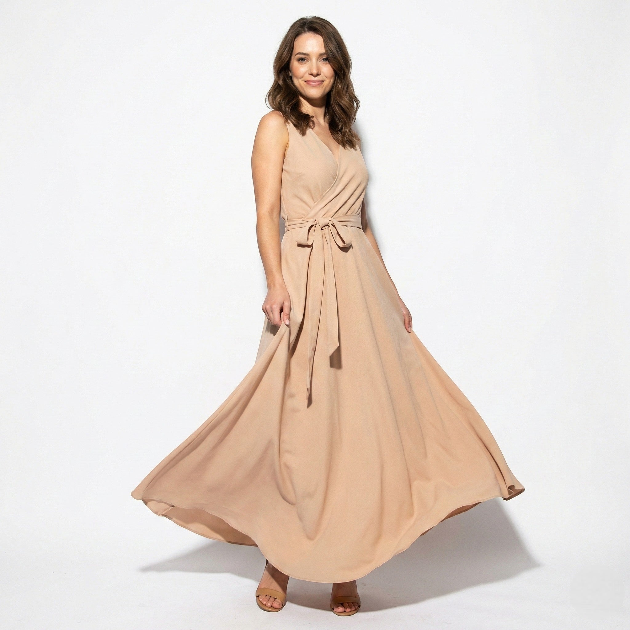 Anna - Women's V - Neck Maxi Dress with Tie Waist - Dress - Khaki - Jones & Smith