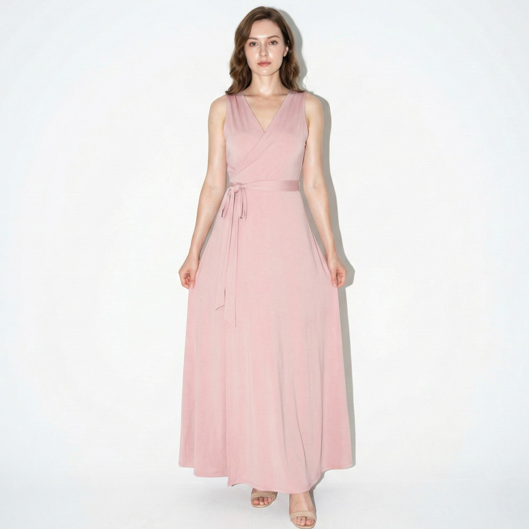Anna - Women's V - Neck Maxi Dress with Tie Waist - Dress - Light Pink - Jones & Smith