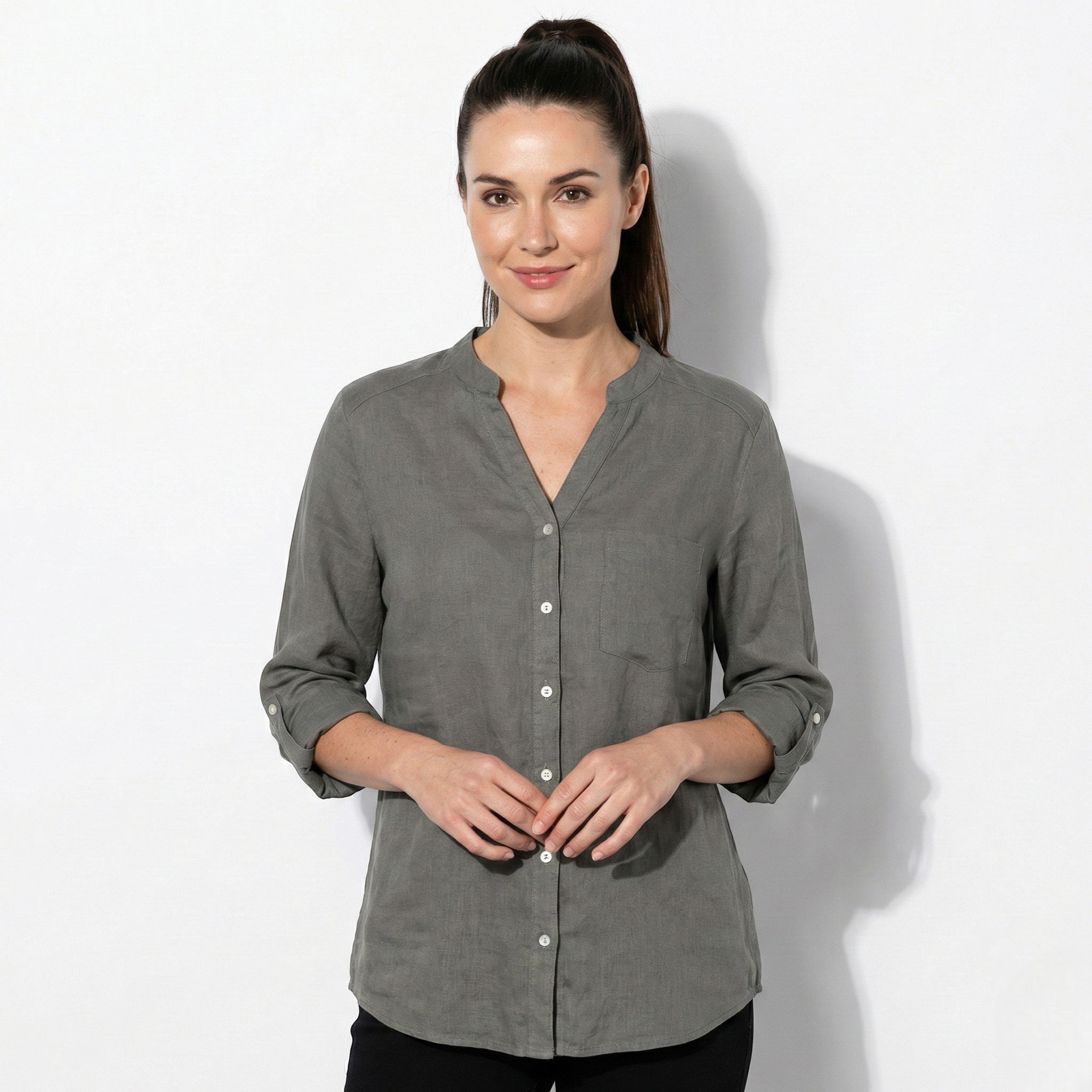 Annie - Women's Button - Down Shirt with V - Neckline - Shirts - Grey - Jones & Smith
