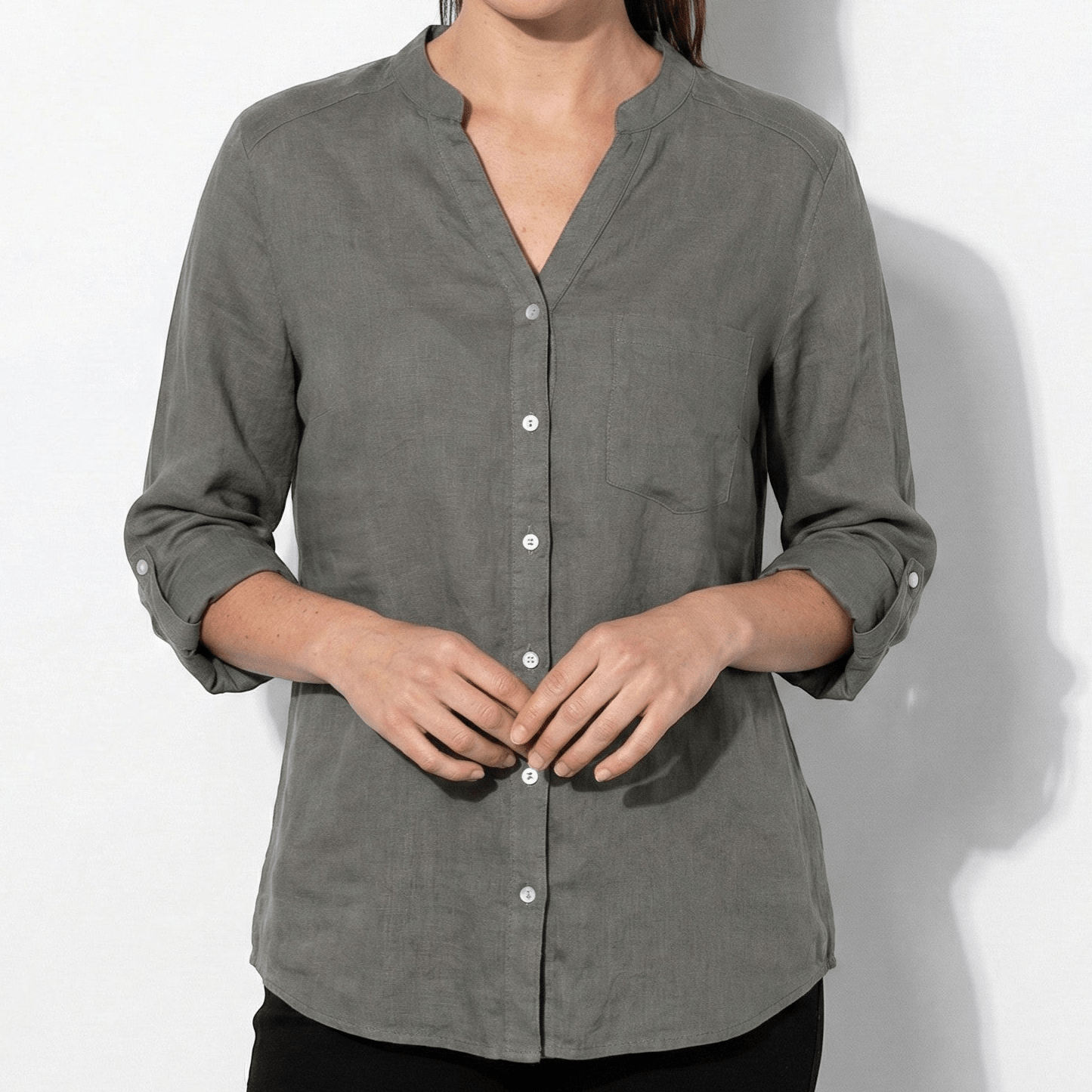 Annie - Women's Button - Down Shirt with V - Neckline - Shirts - Grey - Jones & Smith