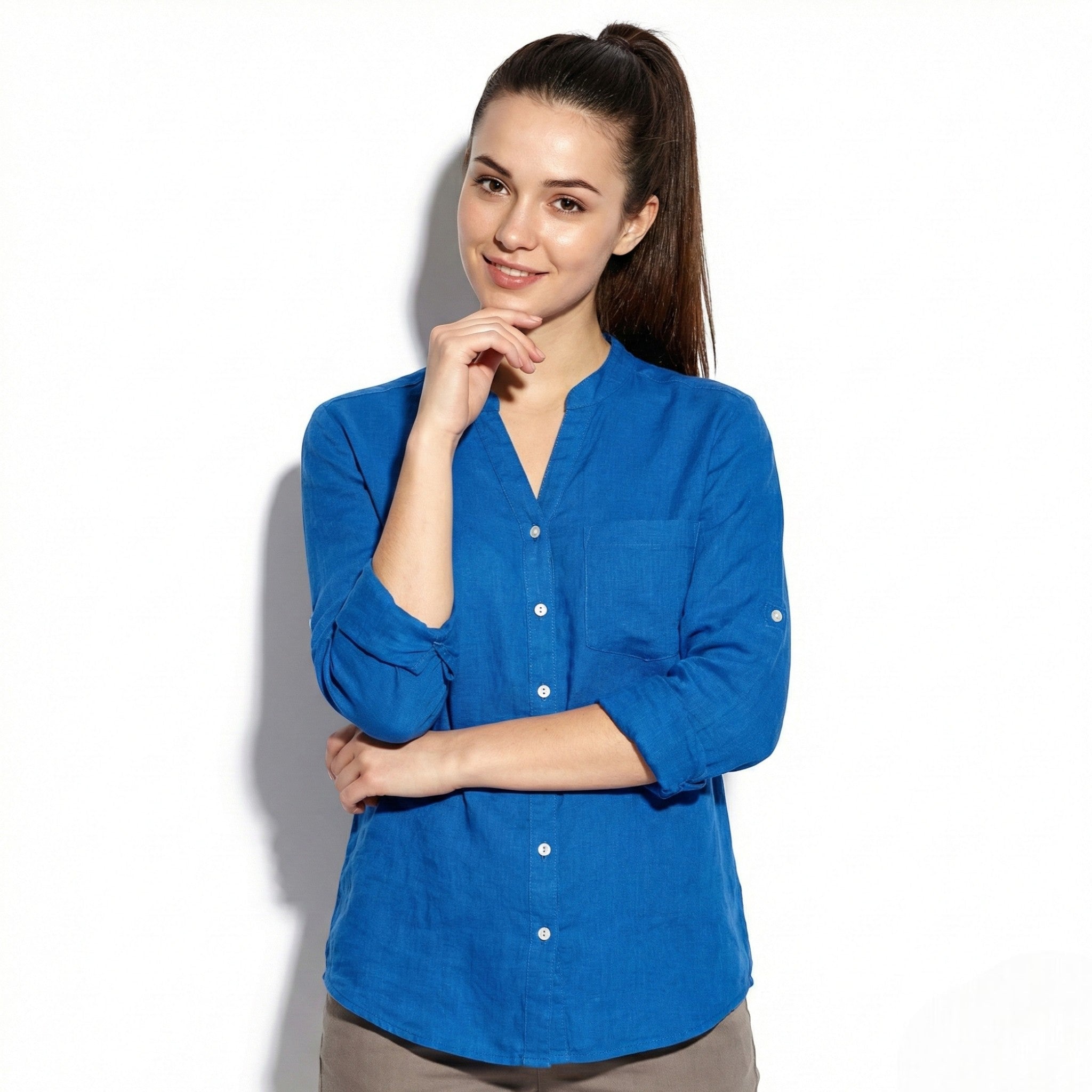 Annie - Women's Button - Down Shirt with V - Neckline - Shirts - Blue - Jones & Smith