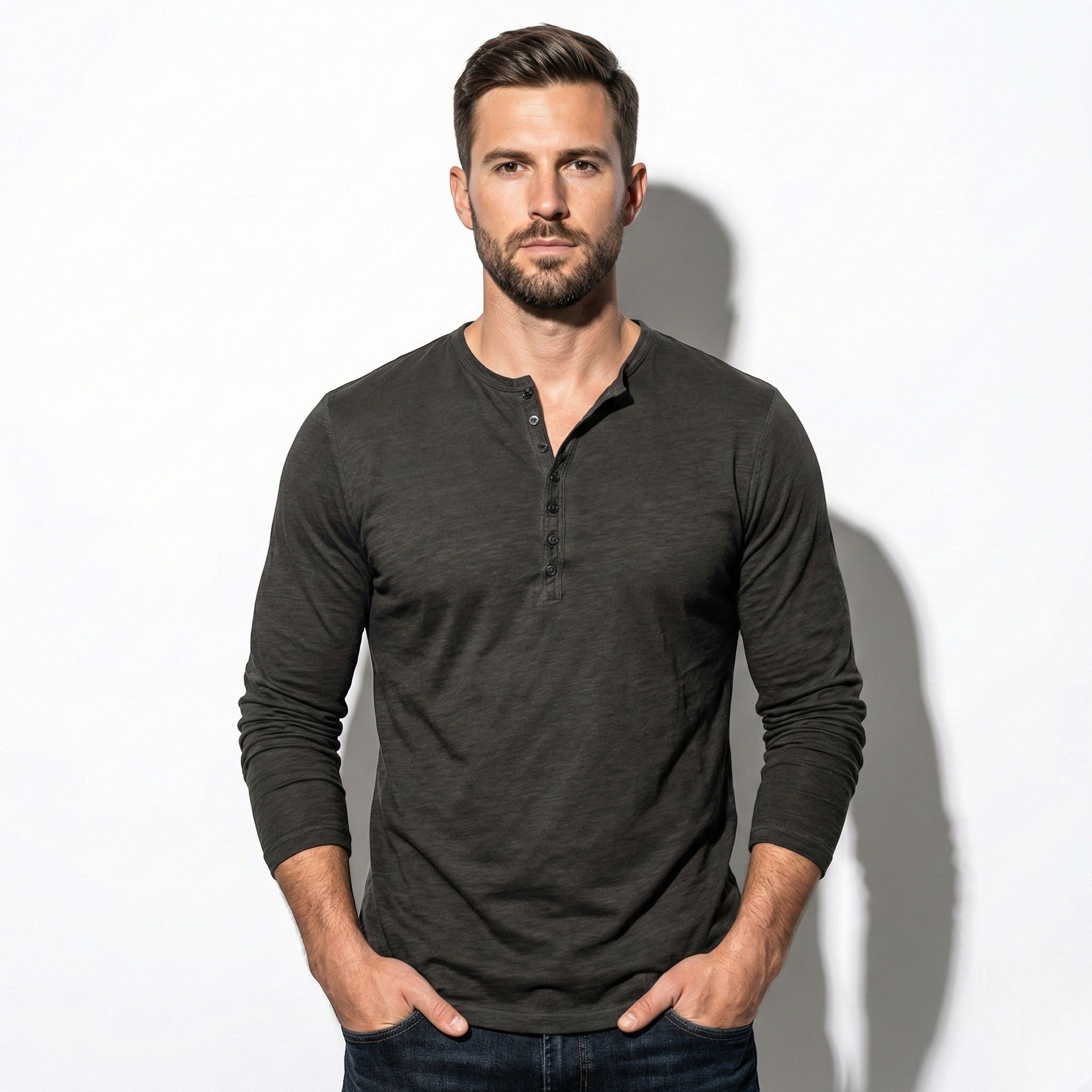 Archie - Men's Long Sleeve Henley Shirt with Button Placket - Henley Men - Dark Grey - Jones & Smith